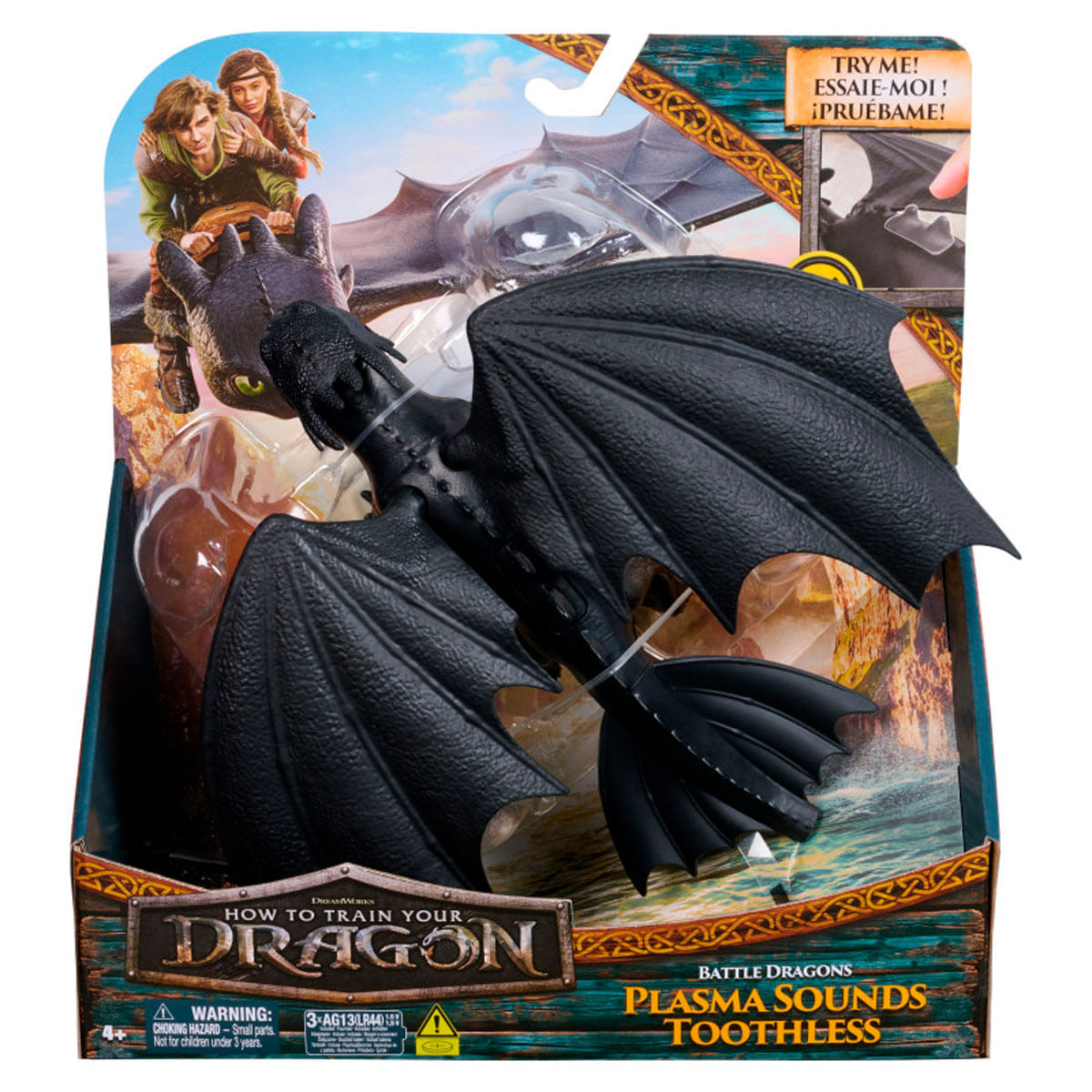 Ein 'Drachenzähmen leicht gemacht' Spielzeug. Es zeigt einen schwarzen Drachen in einer Plastikverpackung mit Figuren und Text.