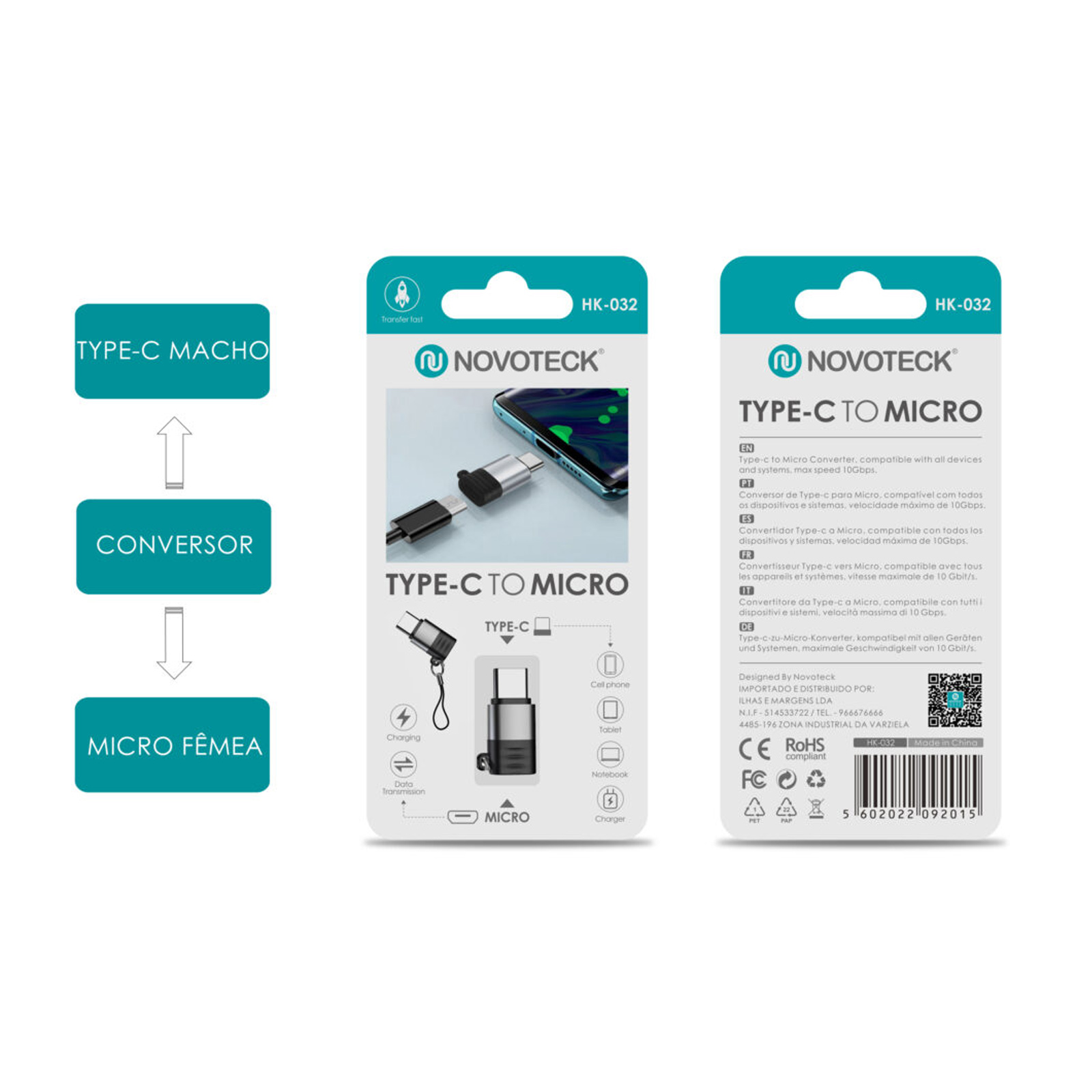 Paquete de producto con convertidor Tipo-C a Micro, azul y blanco, y detalles del producto.