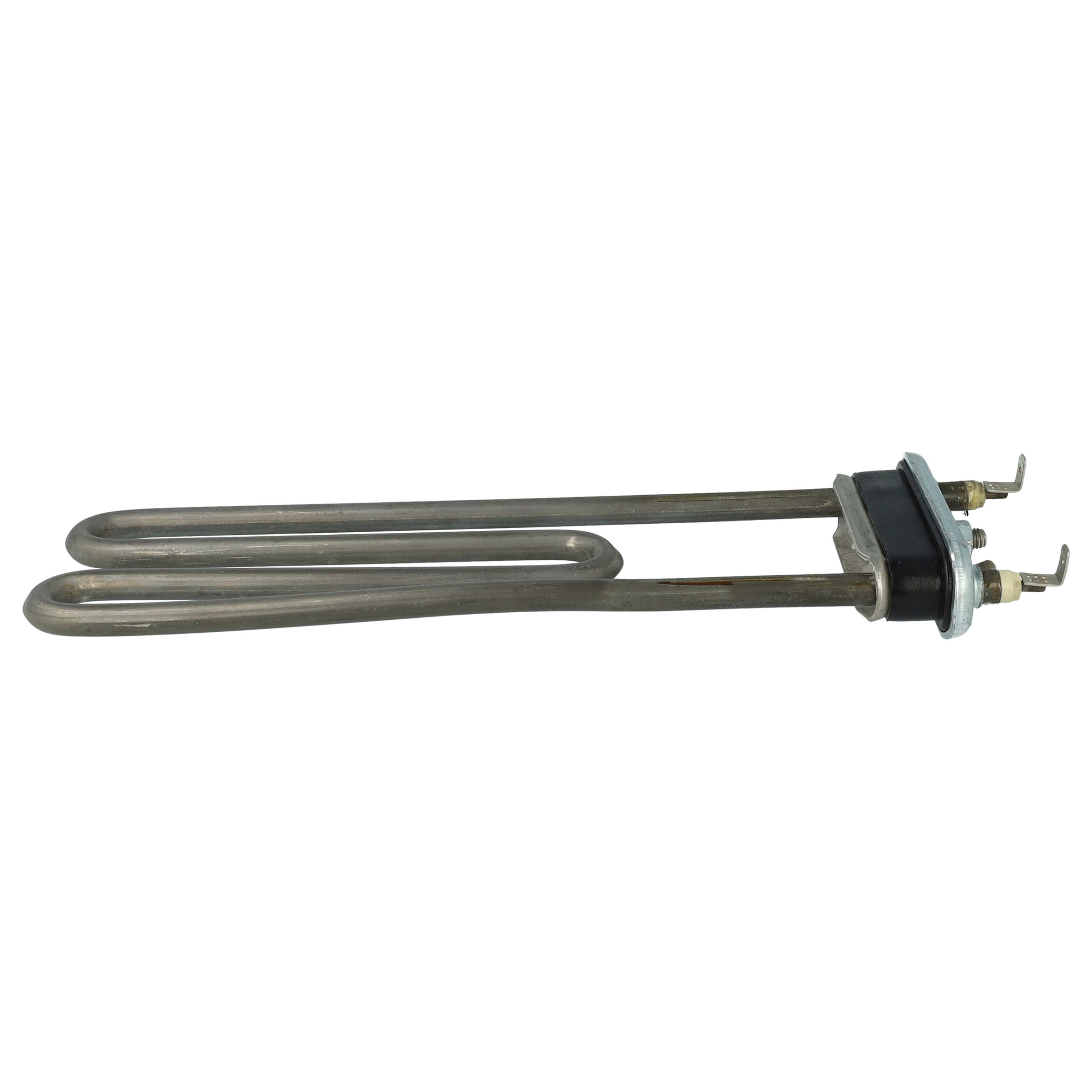 Ein metallisches Wasserheizungselement auf weißem Hintergrund. Es hat eine U-Form und einen schwarzen Stecker.