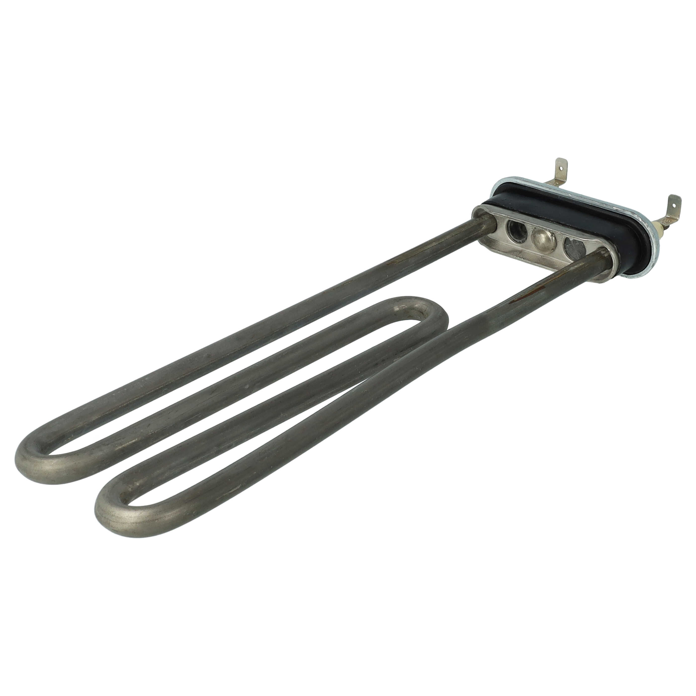 Ein metallisches Heizelement für Ger äte, bestehend aus Schlaufenstäben, einer schwarzen Gummidichtung und Metallklemmen, isoliert auf Weiß.