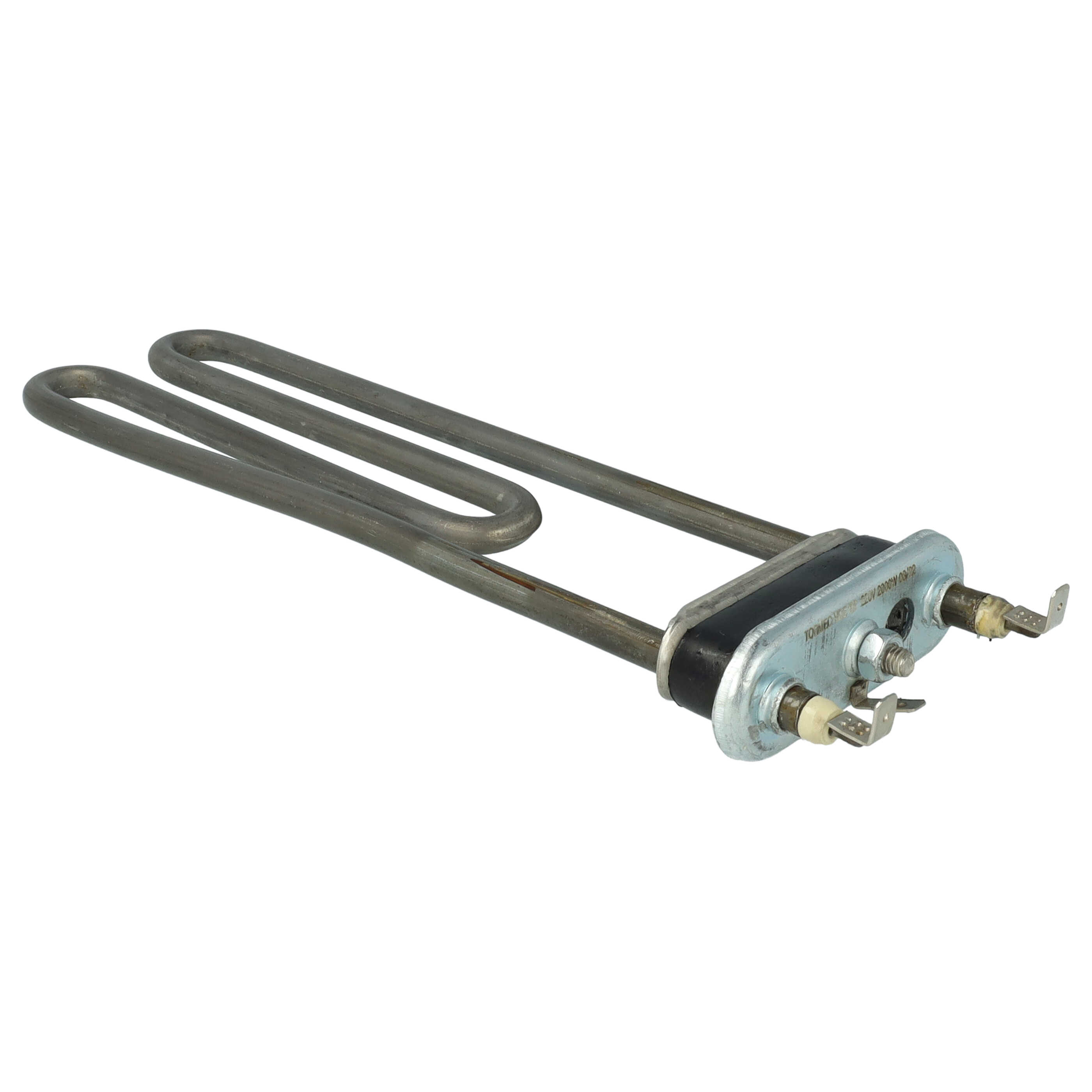 Ein metallisches, U-förmiges Heizelement mit silbernem Metallsockel, Anschlussstiften und schwarzer Gummiisolierung.