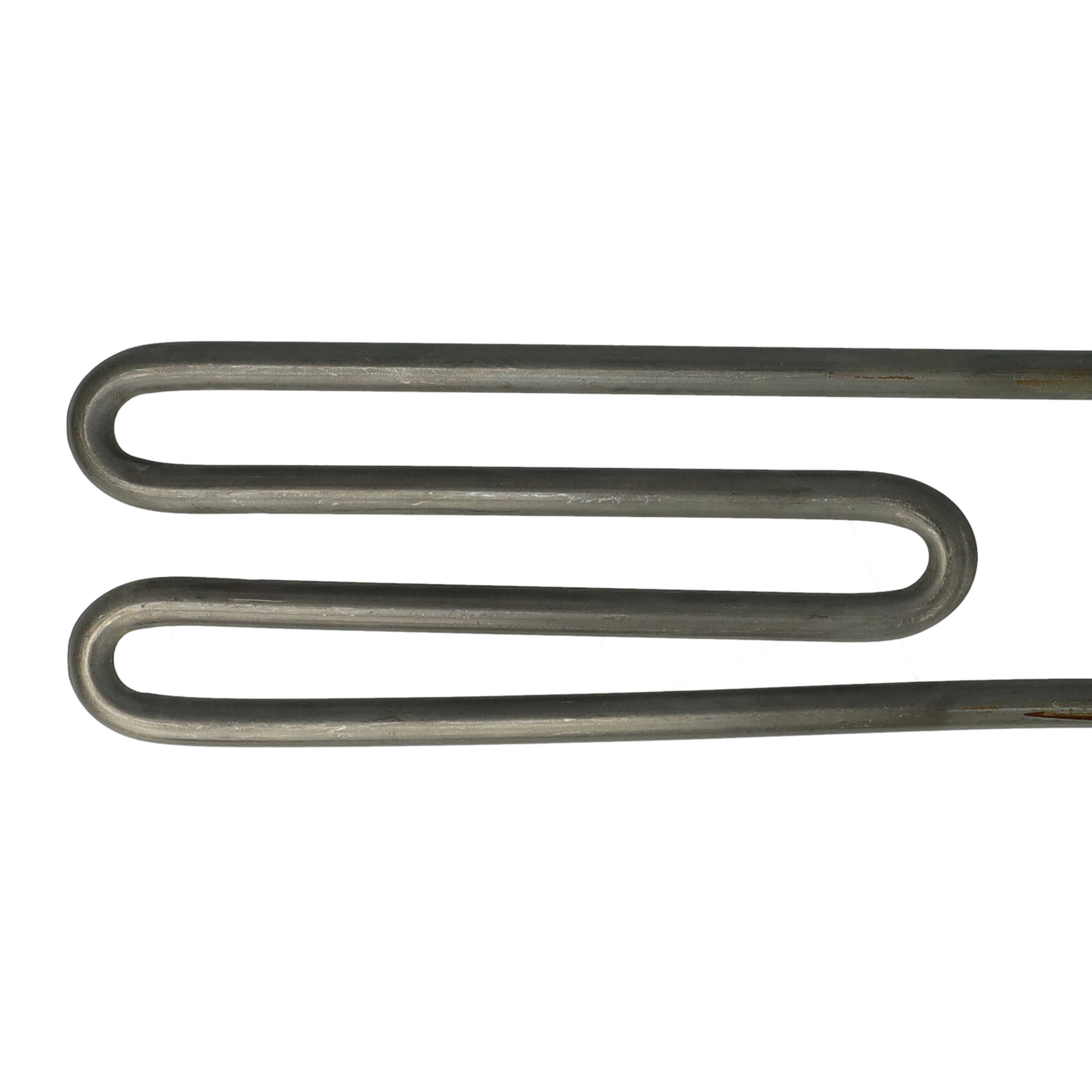 Ein metallisches Heizelement ist in einer wellenförmigen S-Form vor weißem Hintergrund gebogen.