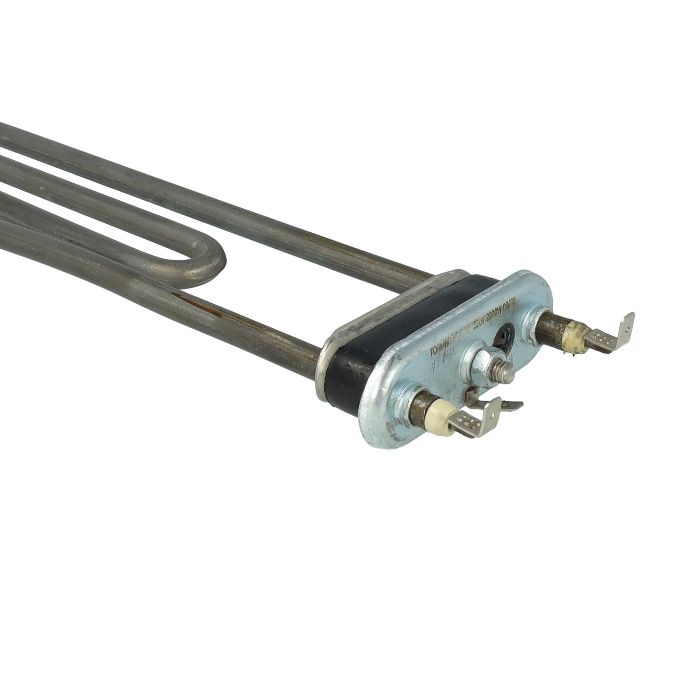 Ein metallisches Heizelement für einen Wasserkocher. Es hat gebogene Rohre und eine rechteckige Basis mit Anschlüssen.