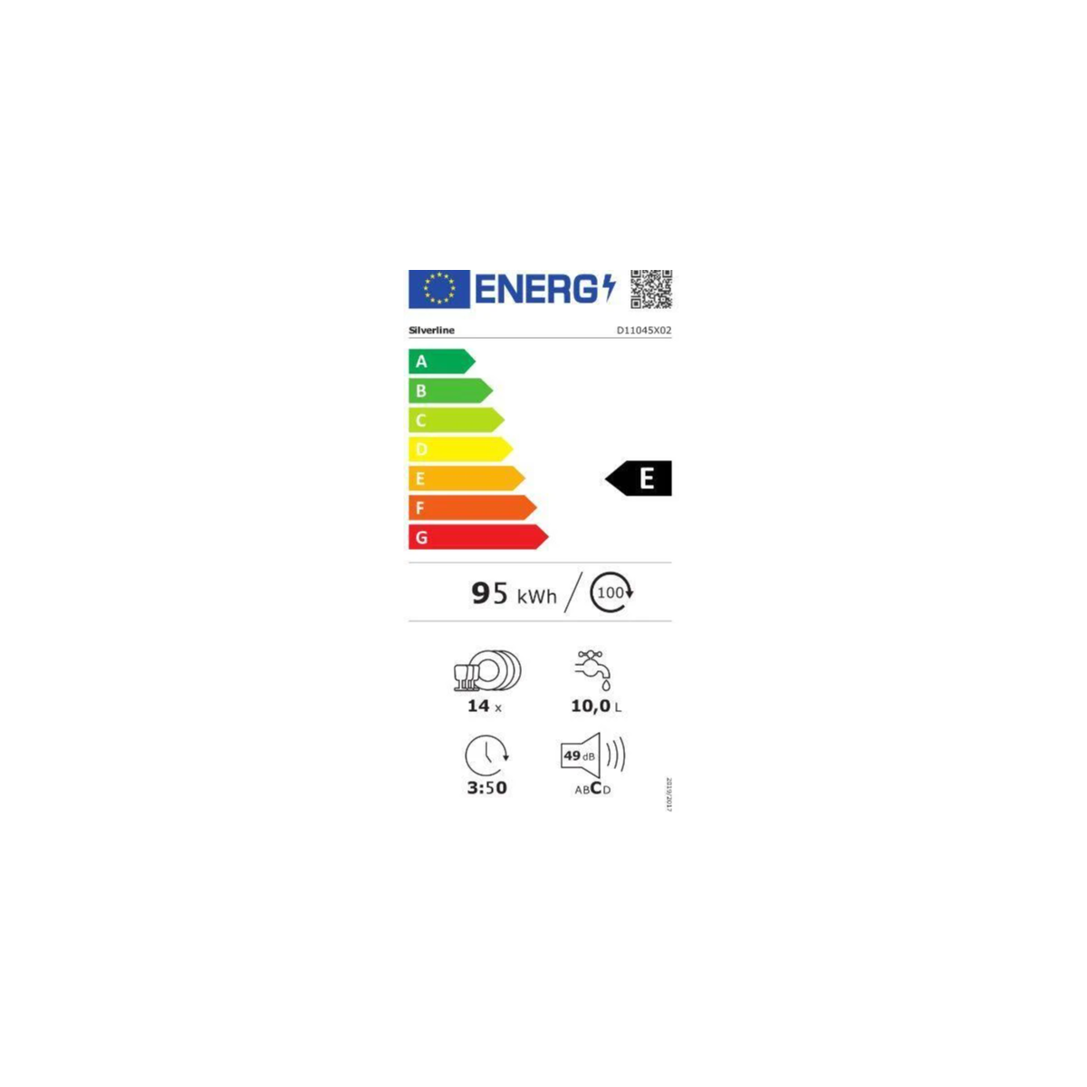 Etichetta energetica per lavastoviglie. Mostra classe E, 95 kWh/100 cicli, 14 coperti, 10,0 L acqua, 3:50 durata, 49 dB rumore.