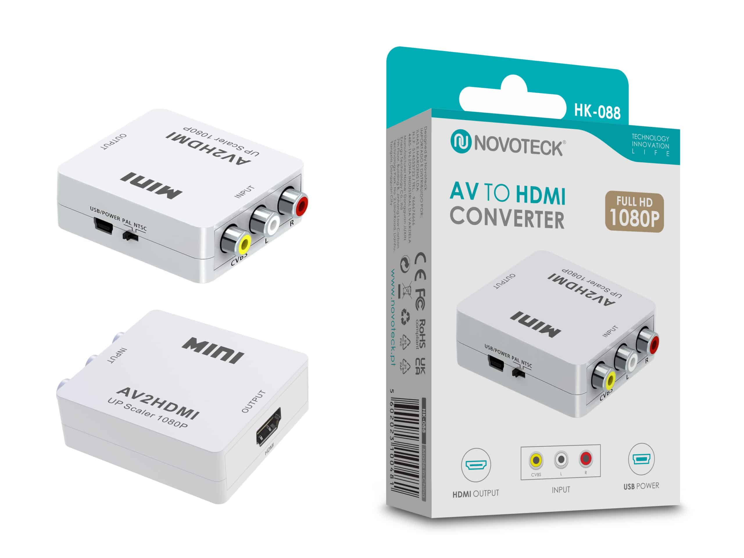 Convertidor AV a HDMI con caja blanca y convertidor blanco. La caja muestra detalles del producto y la marca.