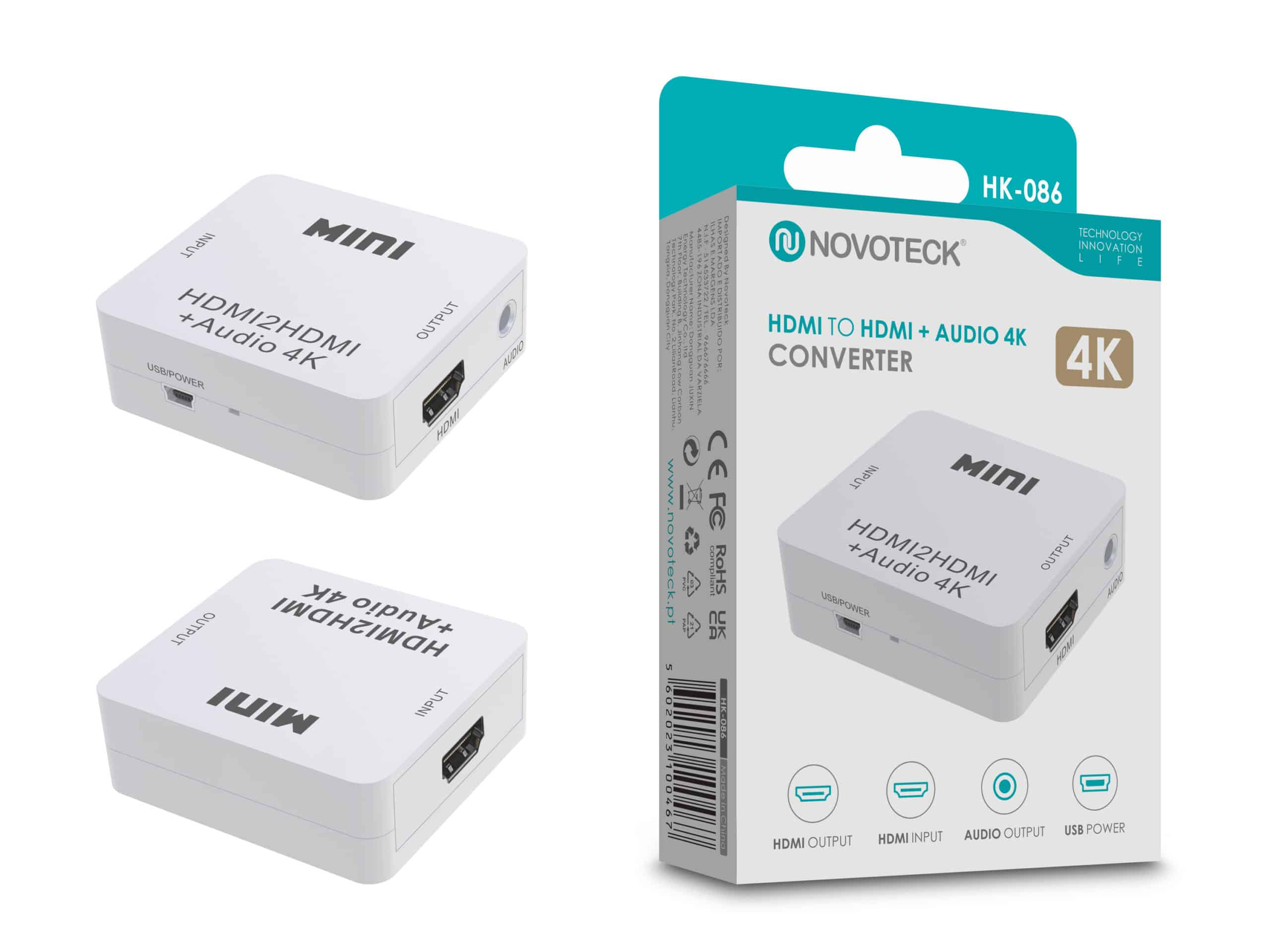 La imagen muestra una caja convertidora HDMI con la marca Novoteck y las características del producto en una caja blanca.