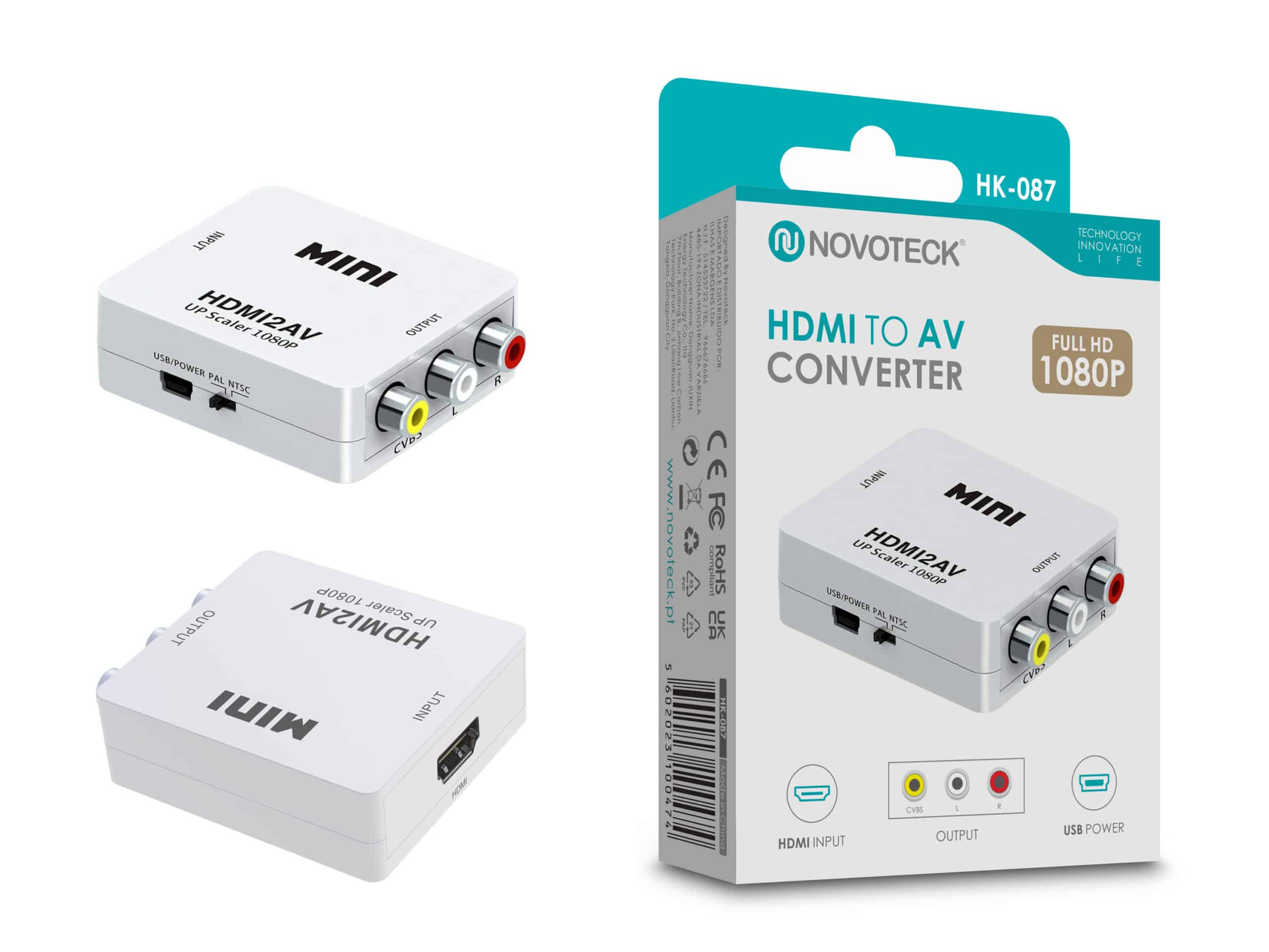 La imagen muestra un convertidor HDMI a AV blanco con puertos de entrada y salida. La caja está en el fondo.