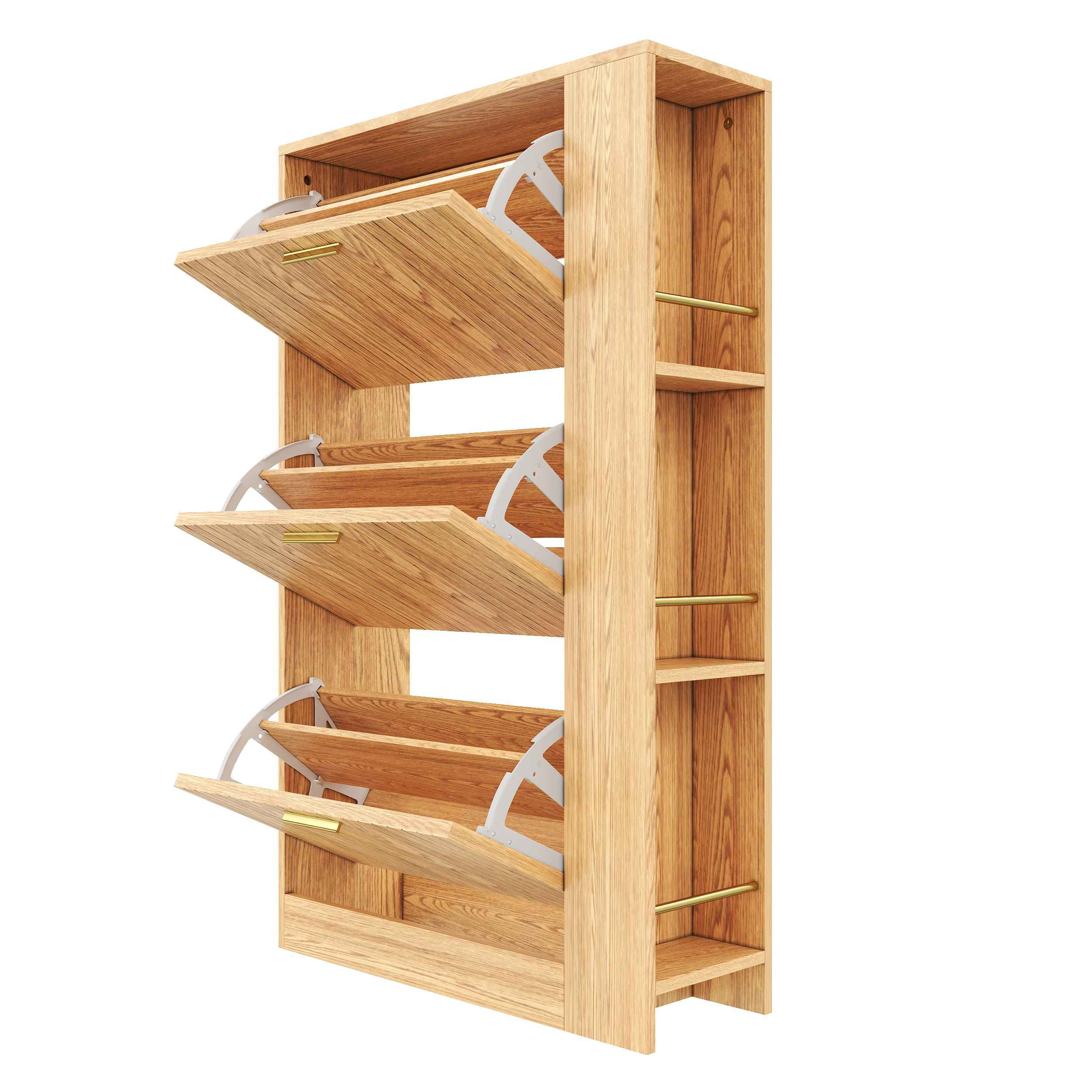 Schuhschrank aus Holz mit drei geneigten Fächern. Er hat offene Regale und goldene Griffe.