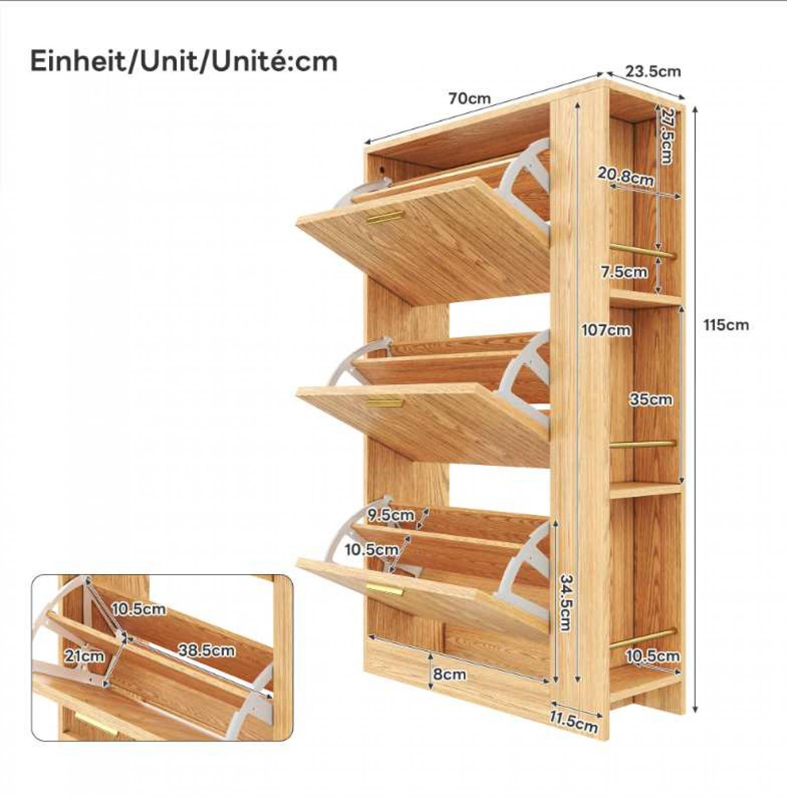 Schuhschrank aus Holz mit mehreren Fächern und in Zentimetern beschrifteten Abmessungen. Einige Fächer sind geöffnet.