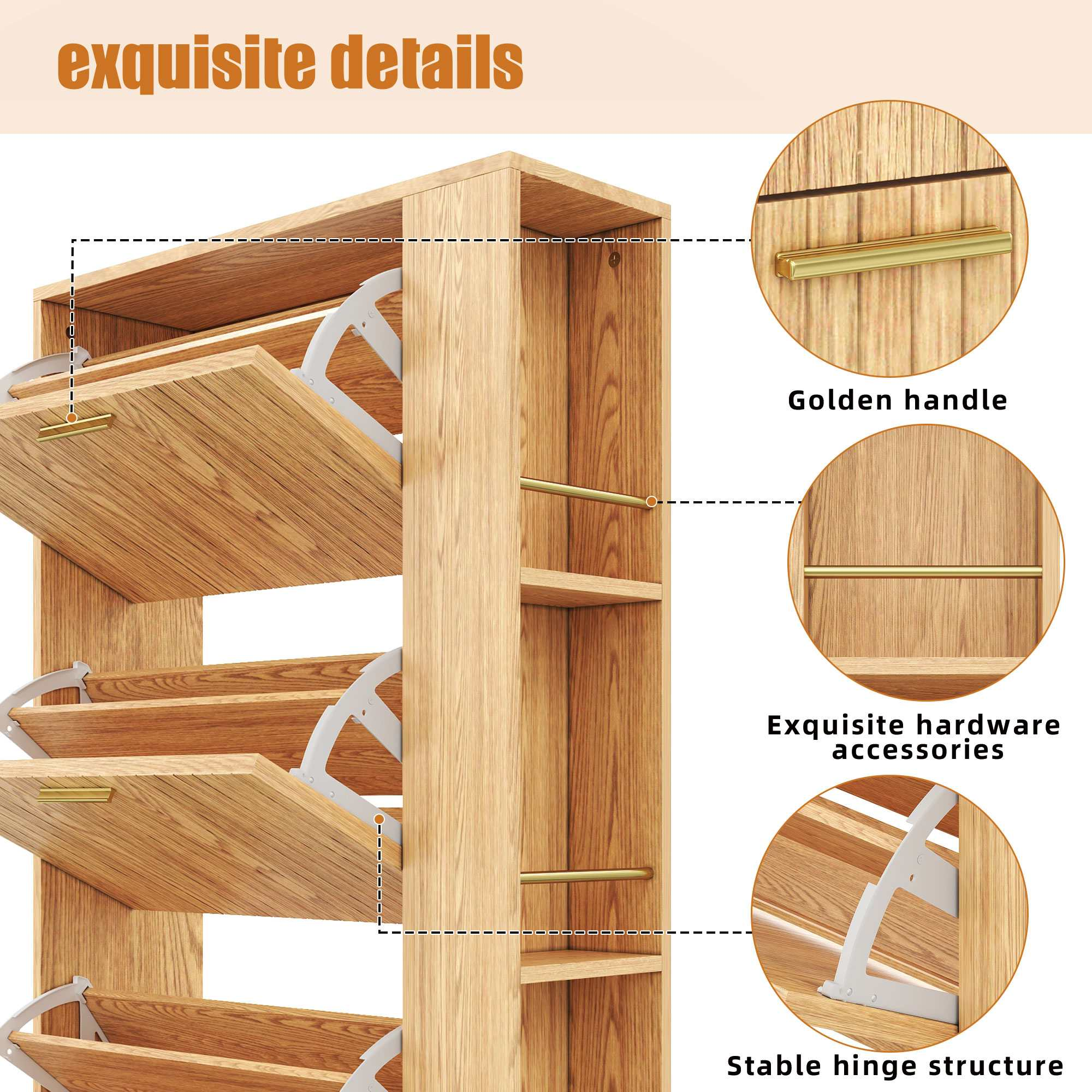 Ein Holzschuhschrank mit goldenen Griffen und Scharnieren. Er hat mehrere Fächer und Regale und zeigt exquisite Details.
