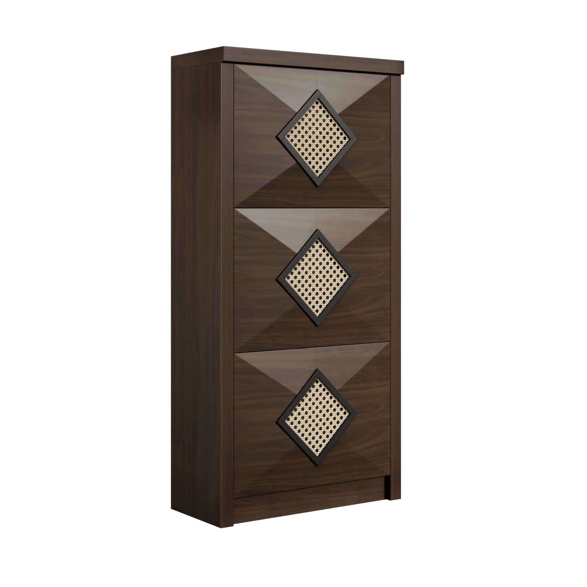 Ein dunkler Holzschrank mit drei rautenförmigen Rattan-Einsätzen.