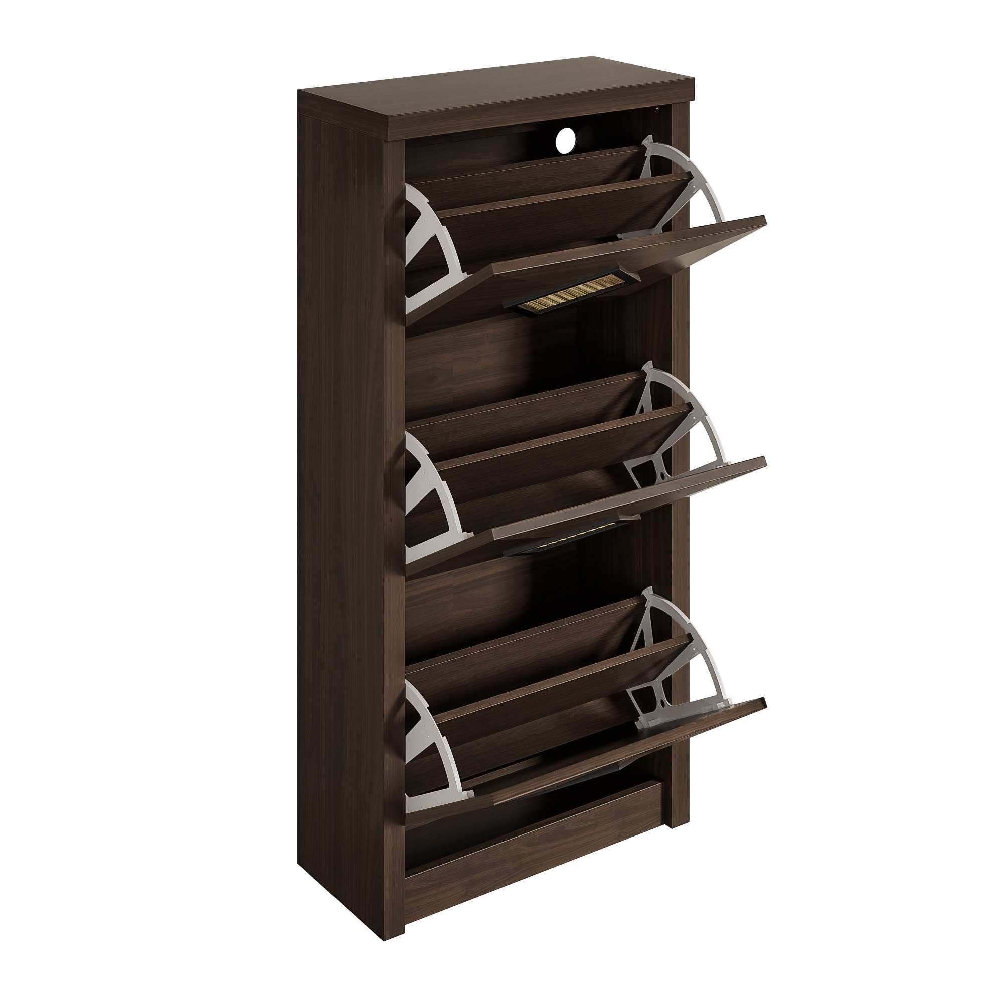 Ein dunkler Schuhschrank aus Holz mit offenen und geschlossenen Fächern, weißen Griffen und weißem Hintergrund.
