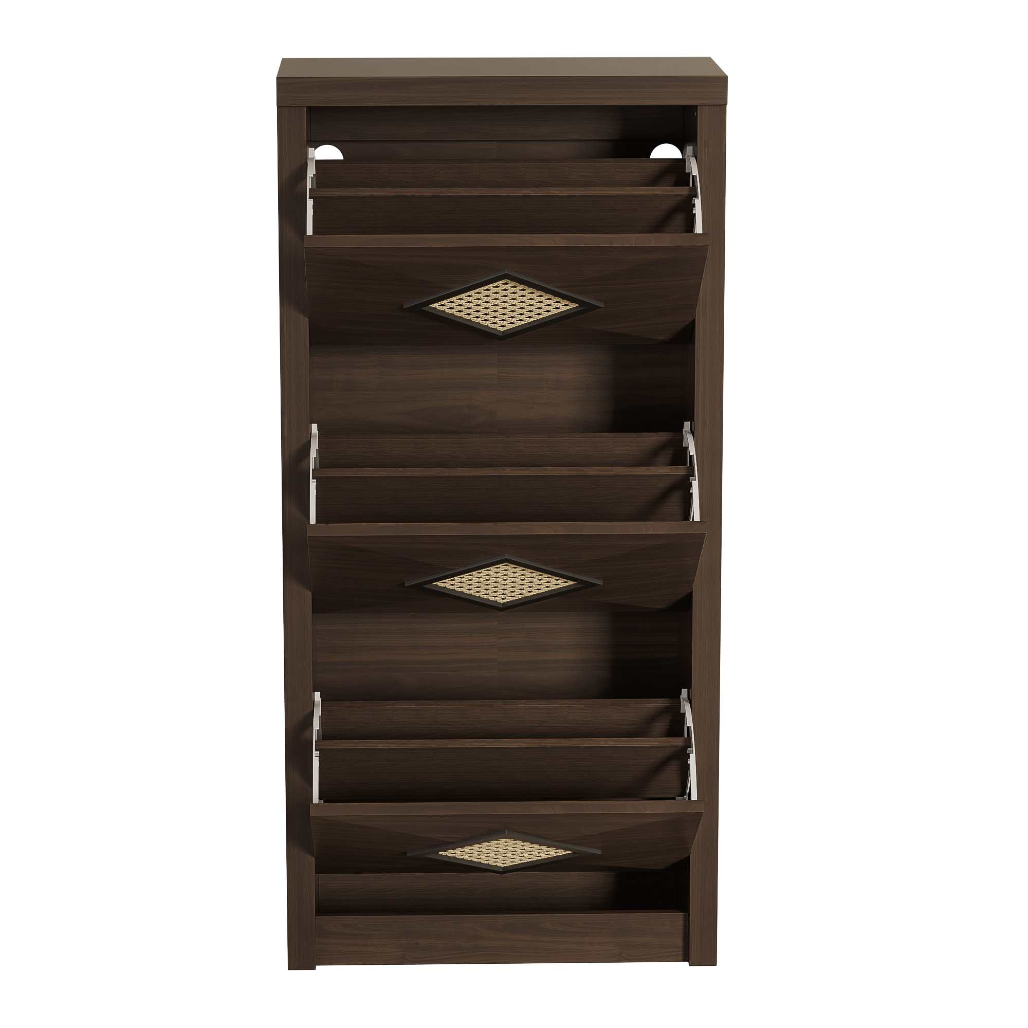 Ein dunkelbrauner Schuhschrank mit mehreren Regalen. Jedes Regal ist eine Tür mit rautenförmigem Korbdesign.