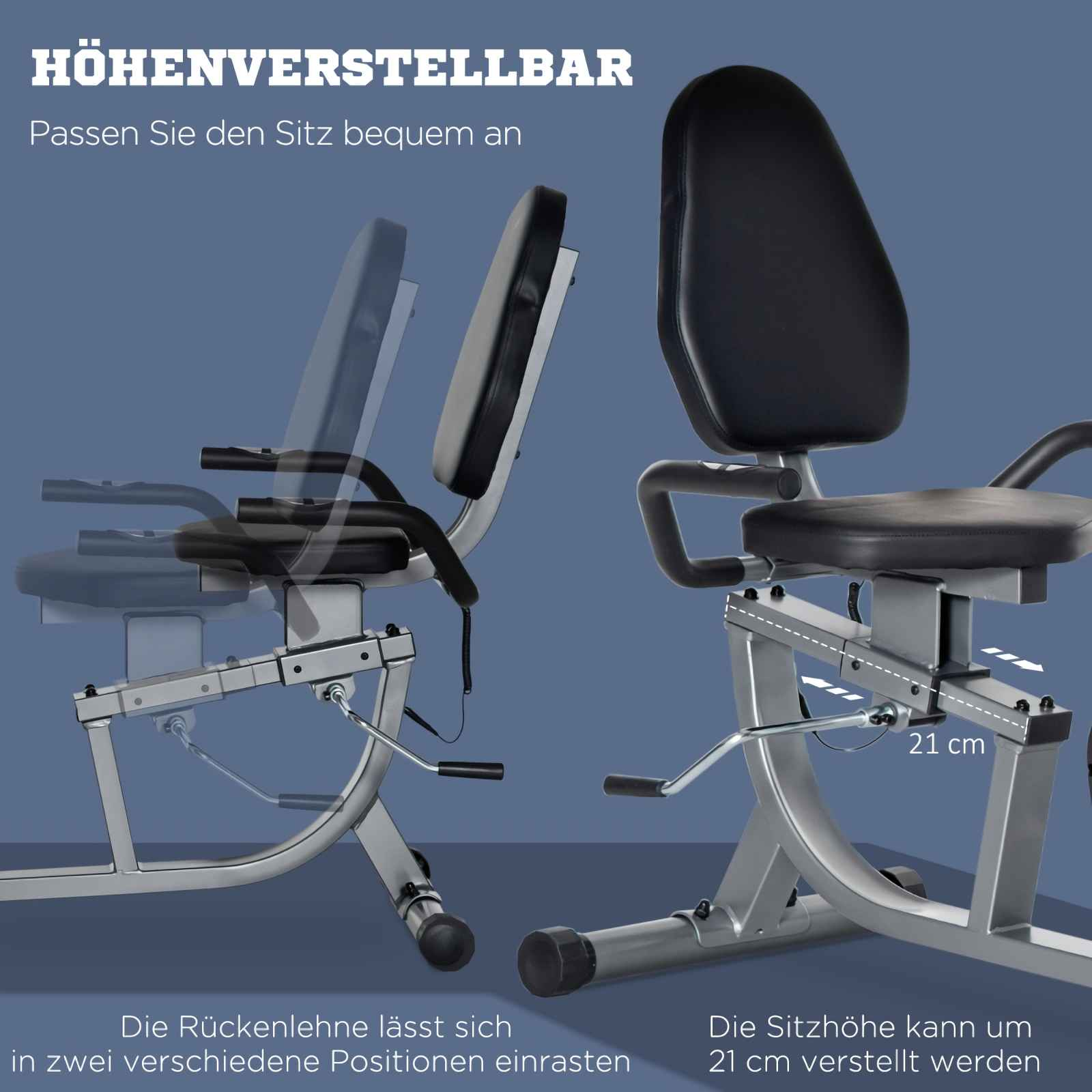 Ein Trainingsfahrrad mit verstellbarem Sitz und Rückenlehne. Grauer Rahmen, schwarzer Sitz. Text hebt Höhenverstellung hervor.