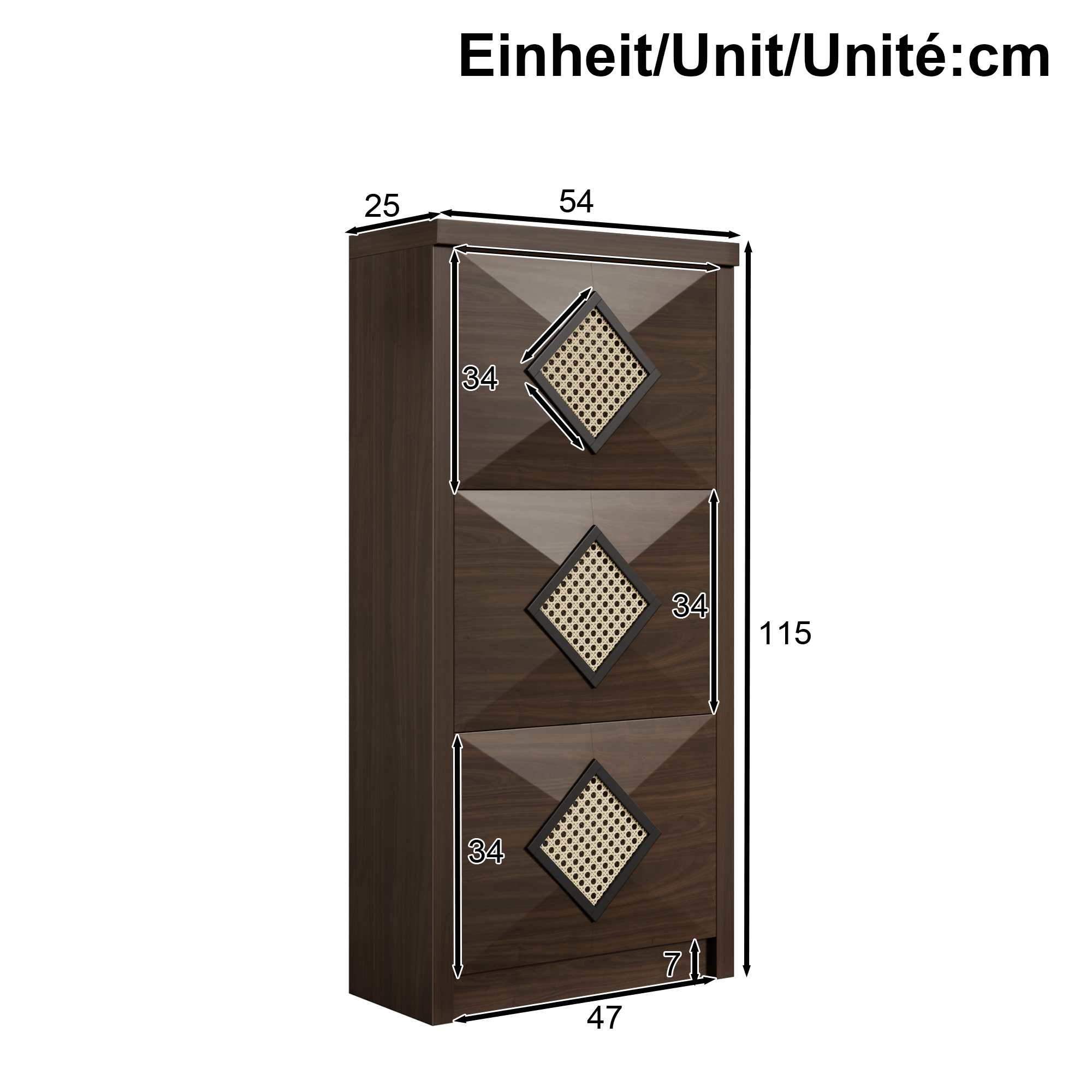 Dunkelbrauner Schrank mit drei Schubladen. Jede Schublade hat ein rautenförmiges Design mit Webmuster.