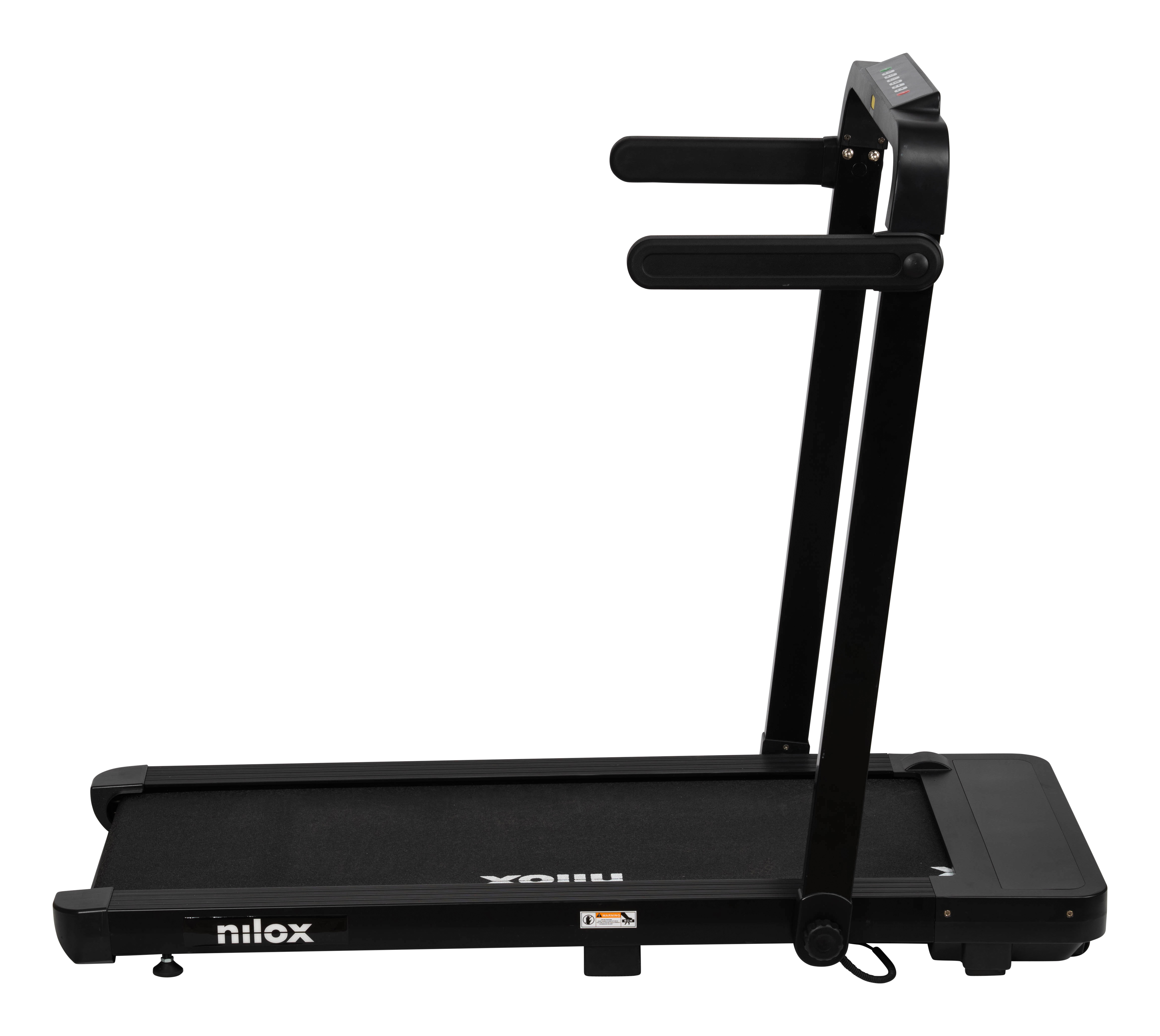Una cinta de correr Nilox negra sobre fondo blanco. Tiene una cinta, asas y un panel de control.
