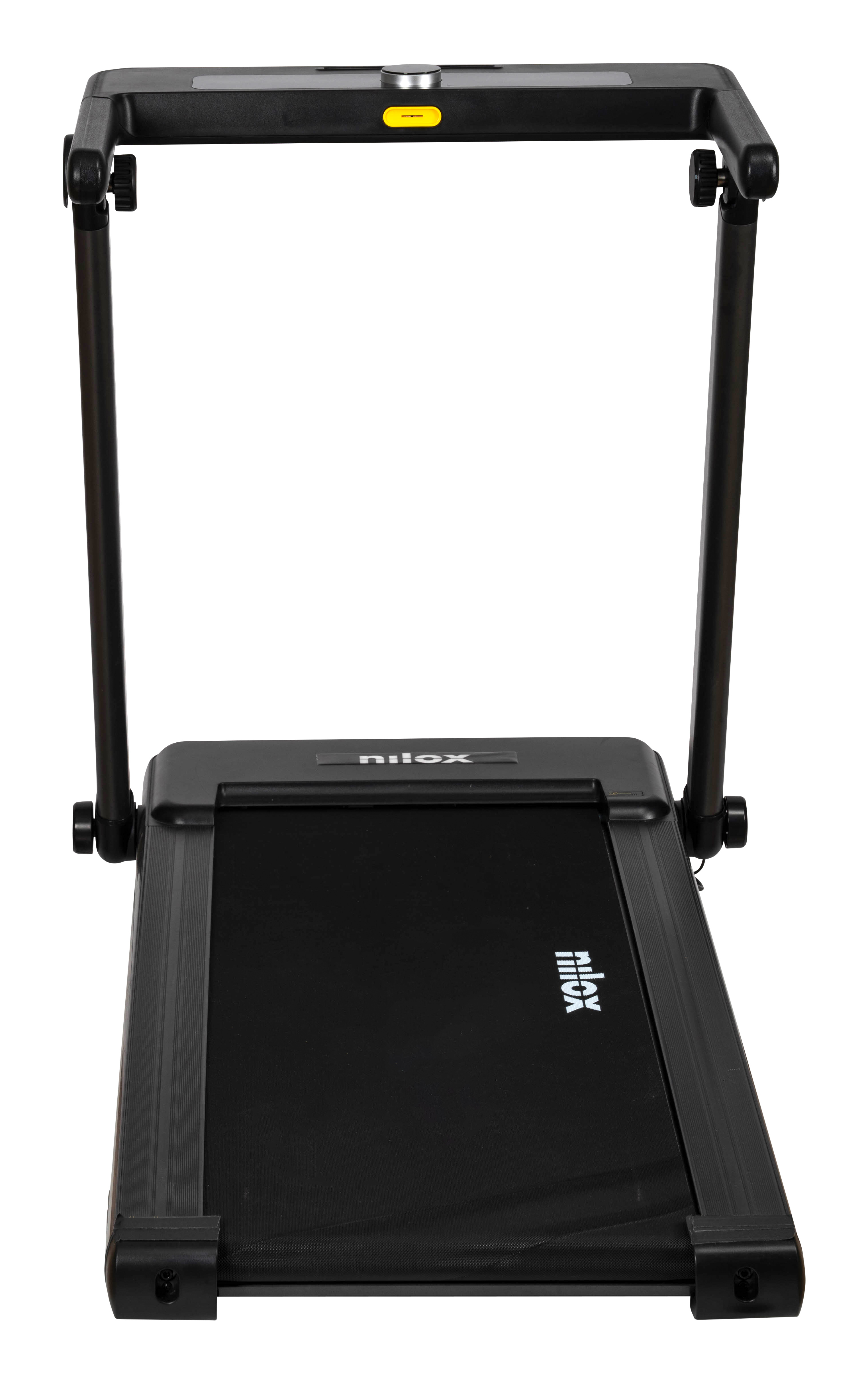 Cinta de correr negra con panel de control y pasamanos. La marca 'nilox' es visible en la cinta.