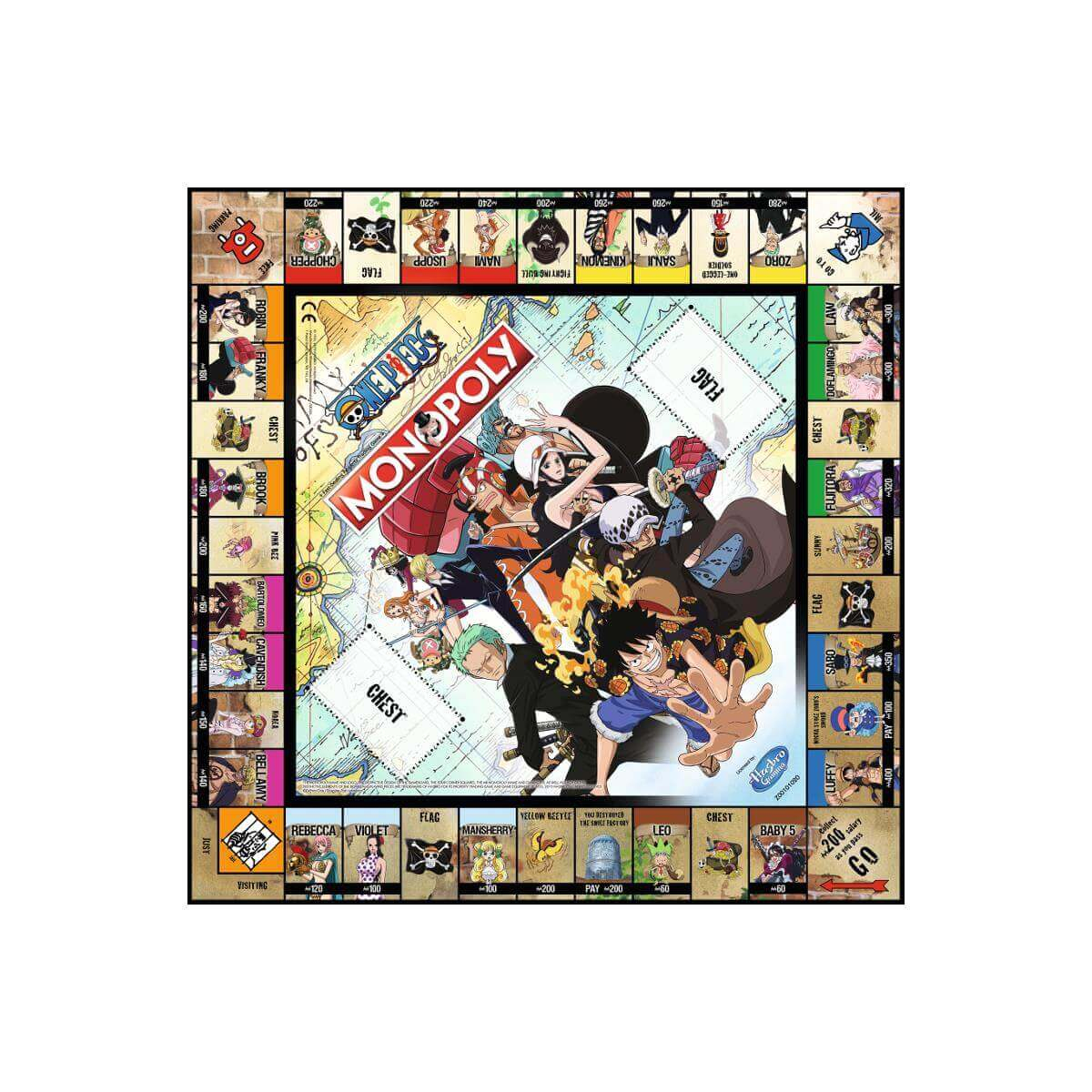 Monopoly-Brettspiel mit One-Piece-Charakteren. Das Spielbrett zeigt verschiedene Charaktere und Orte aus der Anime-Serie.