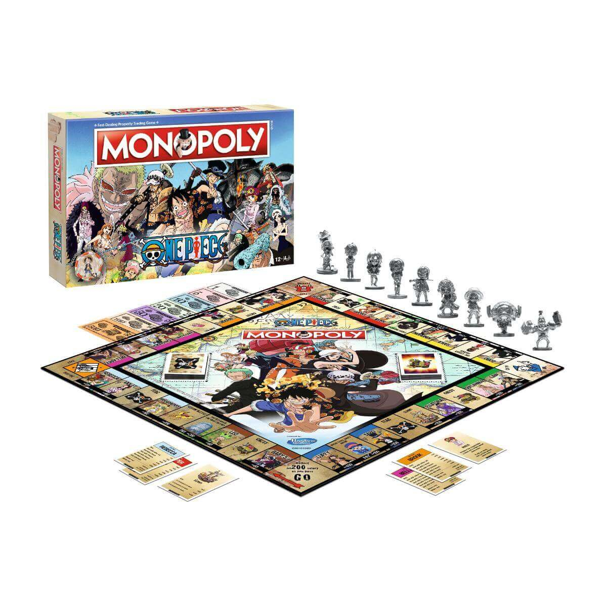 Ein One Piece Monopoly Brettspiel wird gezeigt. Die Box zeigt Charaktere. Das Spielbrett ist mit Spielfiguren und Karten aufgebaut.