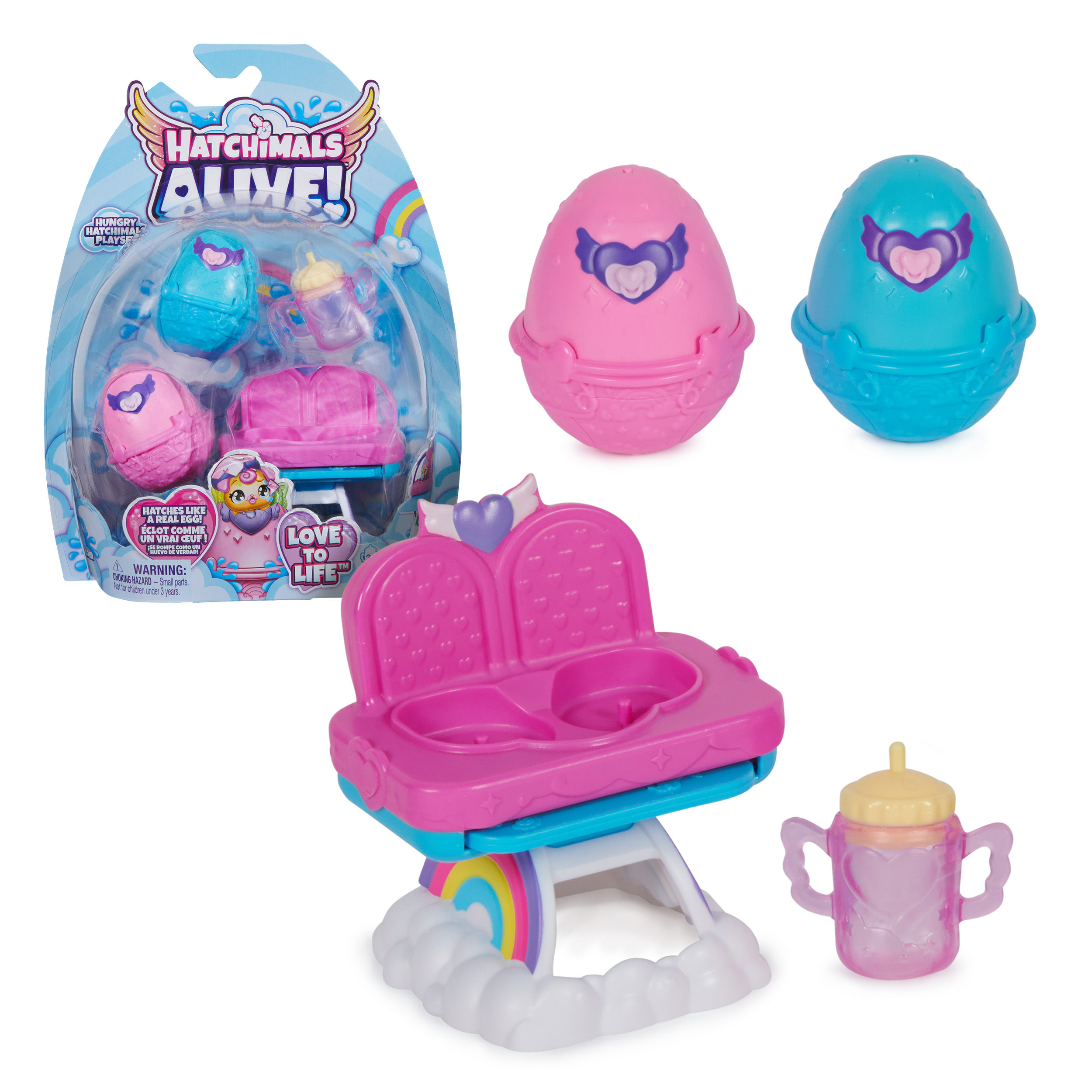Ein Hatchimals Alive!-Spielset. Enthält Eier, einen Stuhl und eine Flasche. Eier sind rosa und blau, der Stuhl ist rosa und die Flasche ist klar.