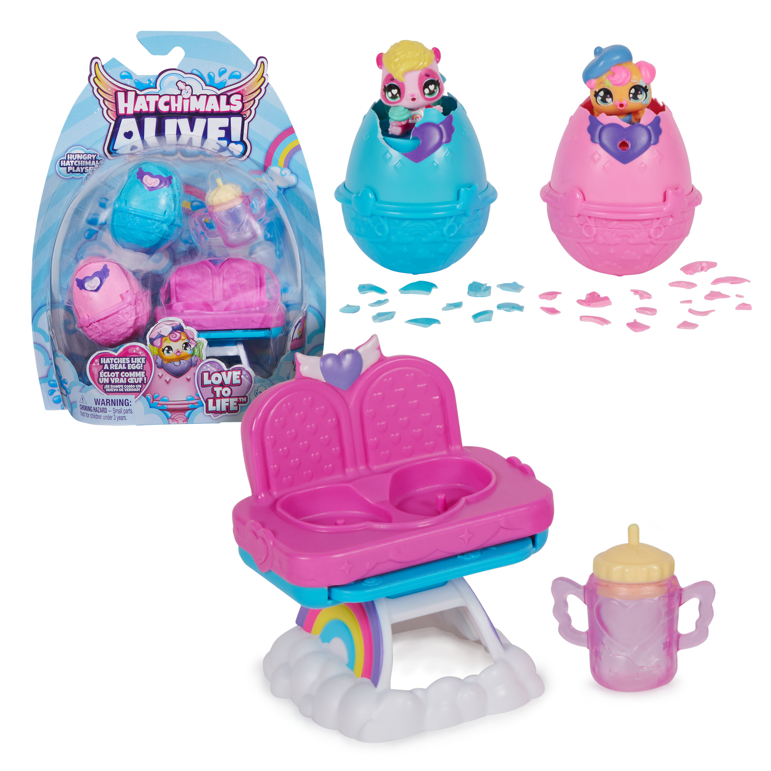 Das Bild zeigt Hatchimals Alive Spielzeug. Es beinhaltet Eier, Charaktere, einen Hochstuhl und eine Flasche.