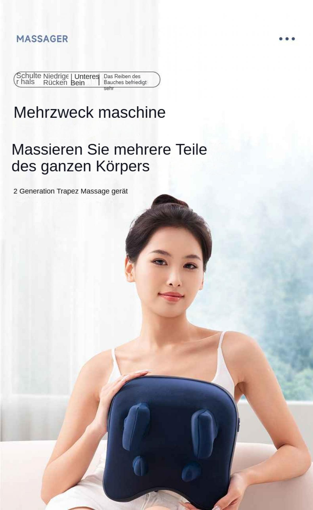 Eine Frau hält ein blaues Massagegerät. Der Text lautet 'Mehrzweck maschine' und 'Massieren Sie mehrere Teile des ganzen Körpers'.