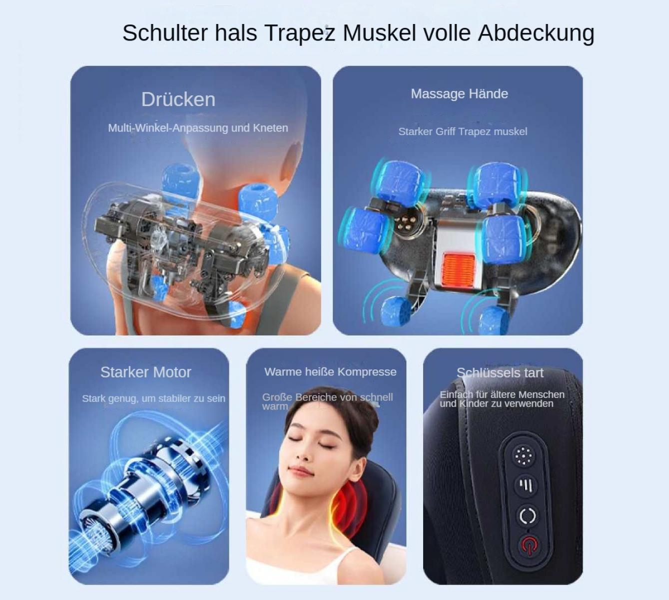 Das Bild zeigt ein Massagegerät mit Schlüsselfunktionen: Kneten, starker Motor, warme Kompresse und einfache Bedienung.