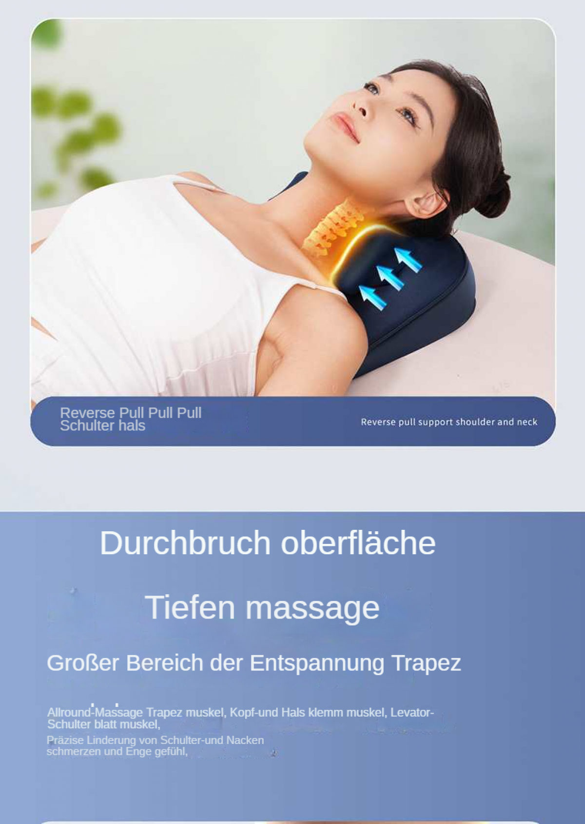 Frau liegt, benutzt Nackenstütze. Pfeile zeigen nach oben. Text erwähnt Reverse Pull und Massage.