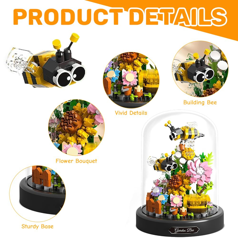 Das Bild zeigt ein Lego-Set zum Thema Biene mit Blumen und einer Glaskuppel. Es hat lebendige Details und einen stabilen Sockel.