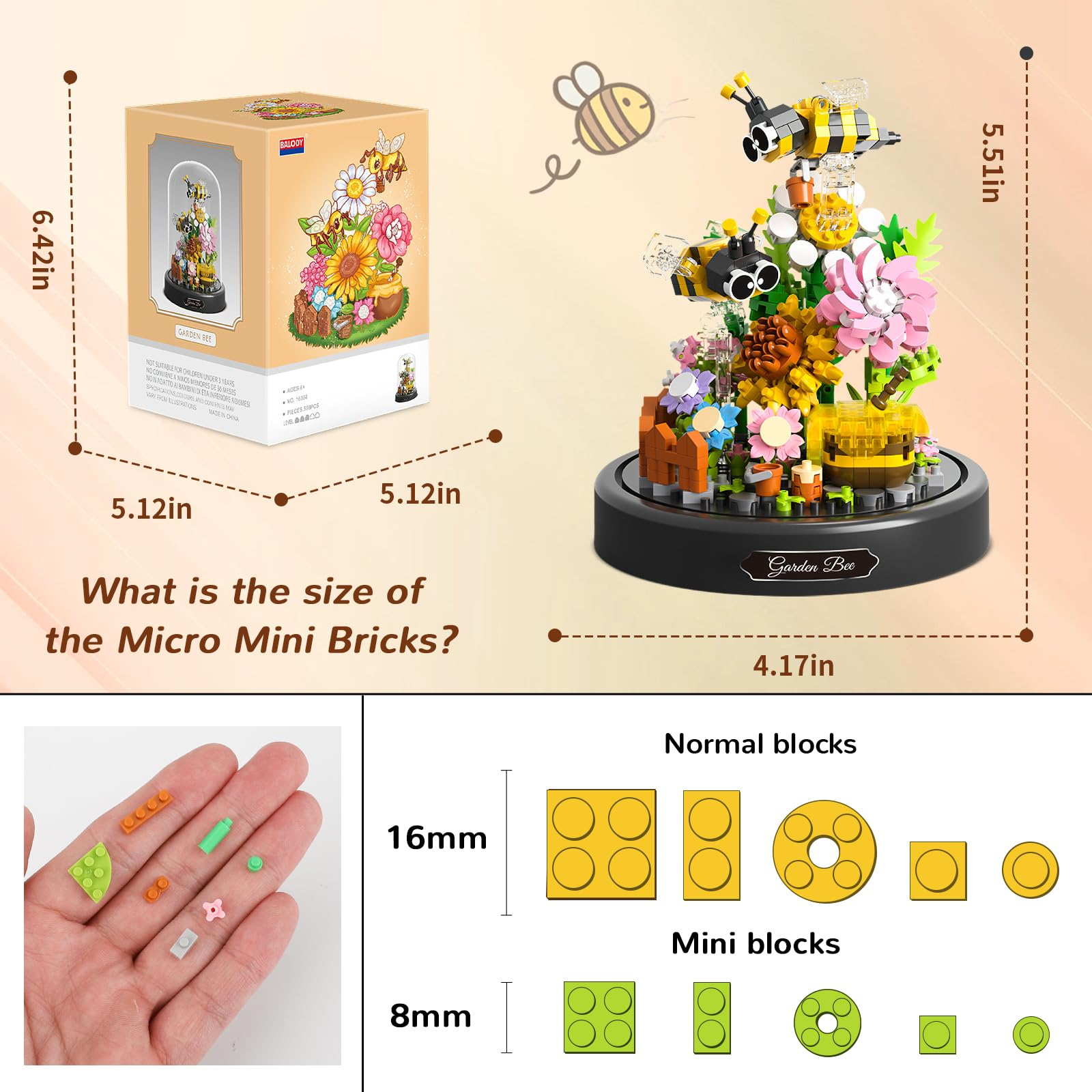 Ein Bienen- und Blumenmodell aus Blöcken, mit Größenvergleichen von normalen und Mini-Blöcken.