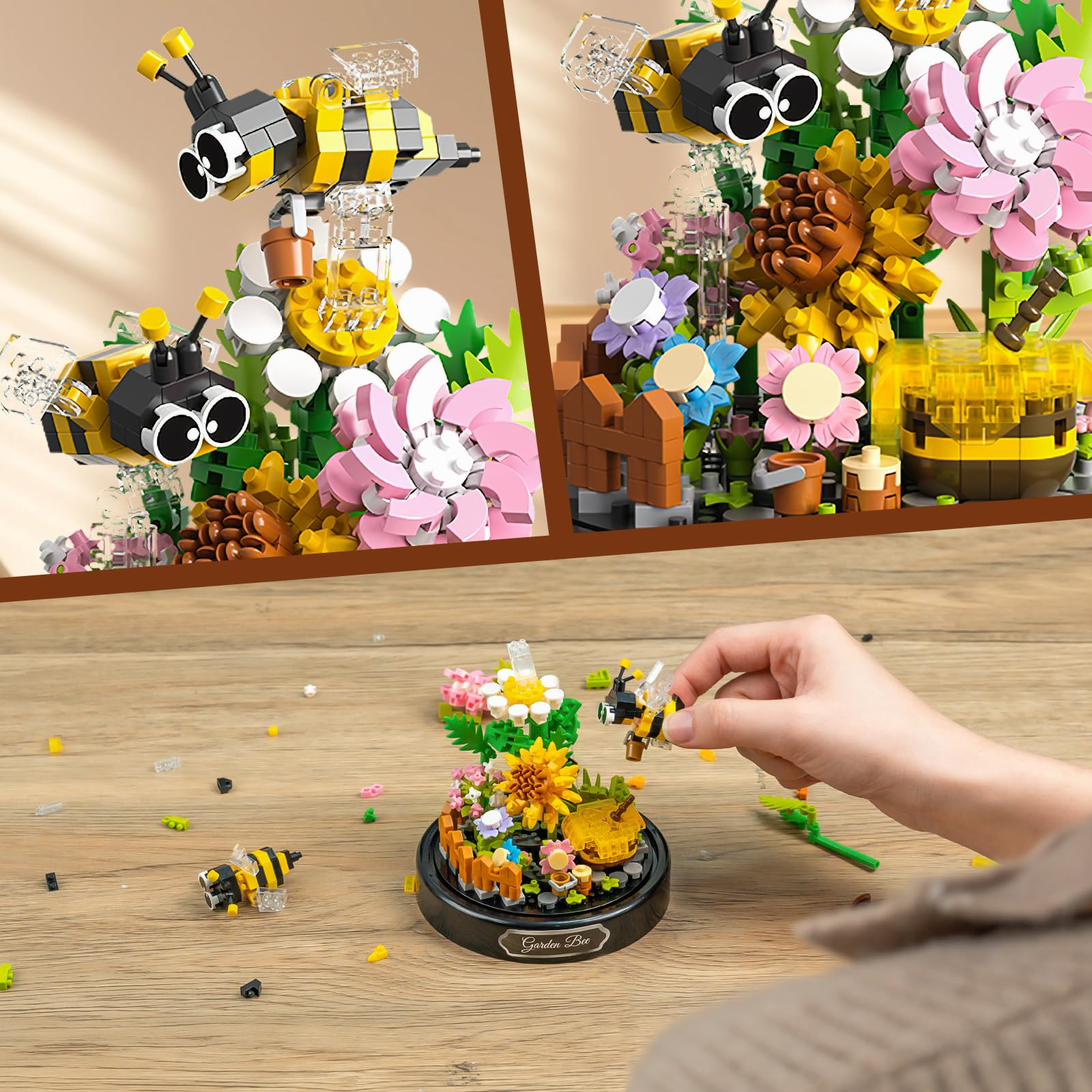 Das Bild zeigt ein Lego-Set zum Thema Bienen. Eine Hand hält eine Lego-Biene. Das Set enthält Blumen und ein Bienenhaus.