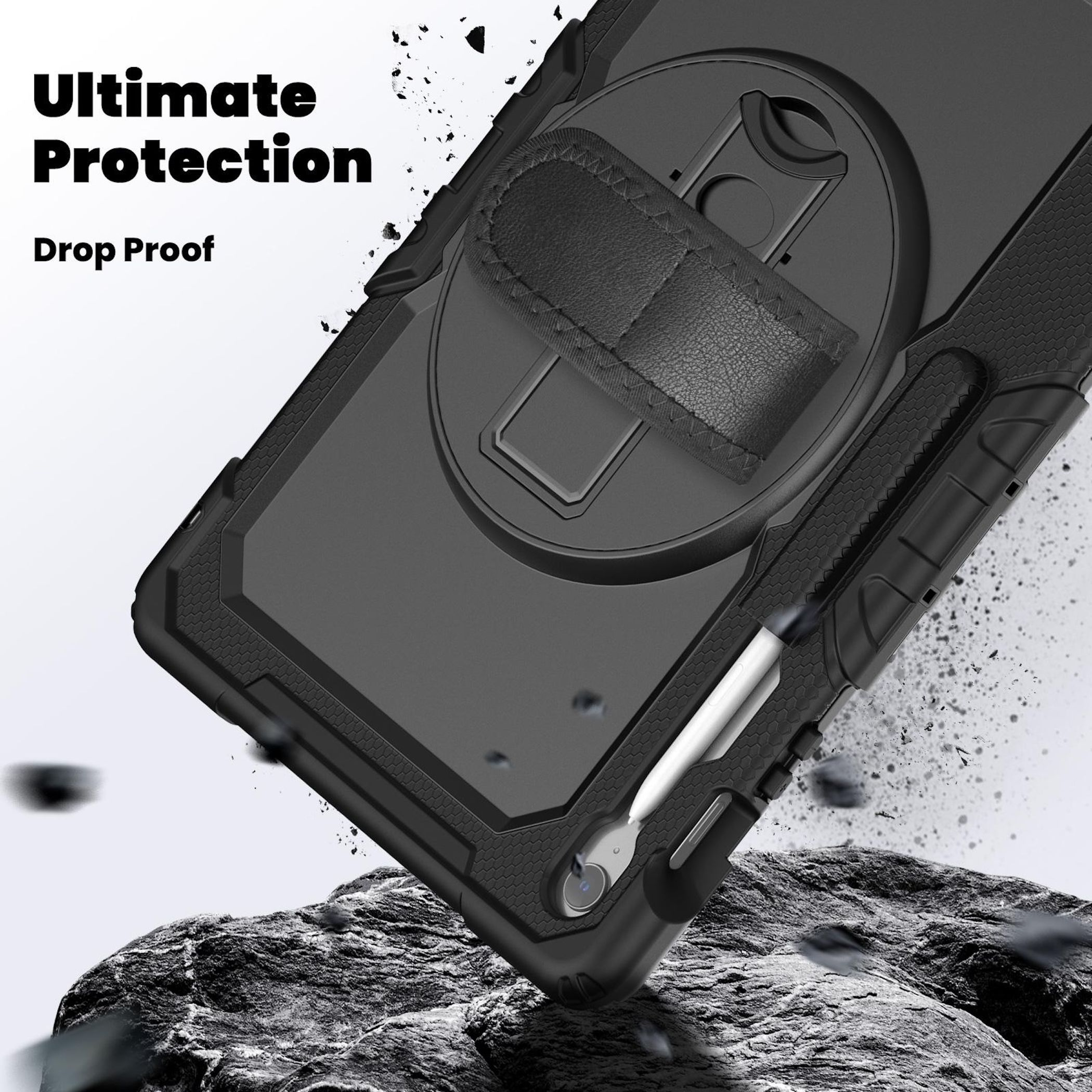 Schwarze Tablet-Hülle mit Riemen und Stift, abgewinkelt vor weißem Hintergrund mit Text 'Ultimate Protection Drop Proof'.