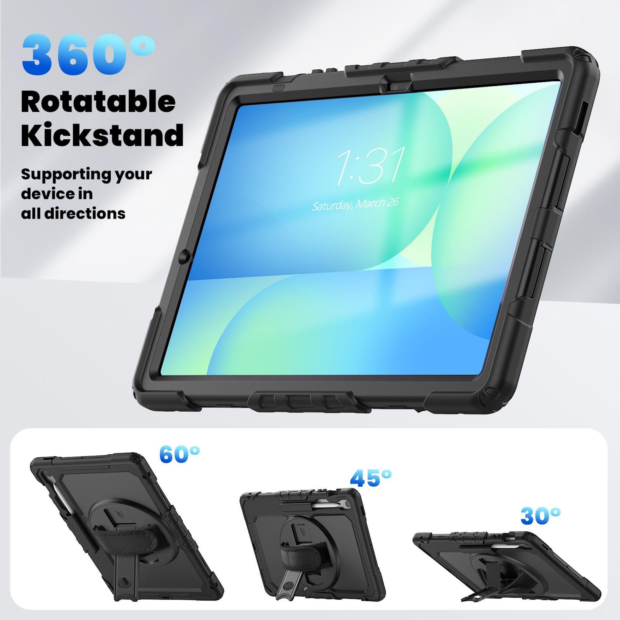 Schwarzes Tablet in einer Hülle mit Ständer. Der Bildschirm zeigt Uhrzeit und Datum an. Winkel des Ständers sind abgebildet.