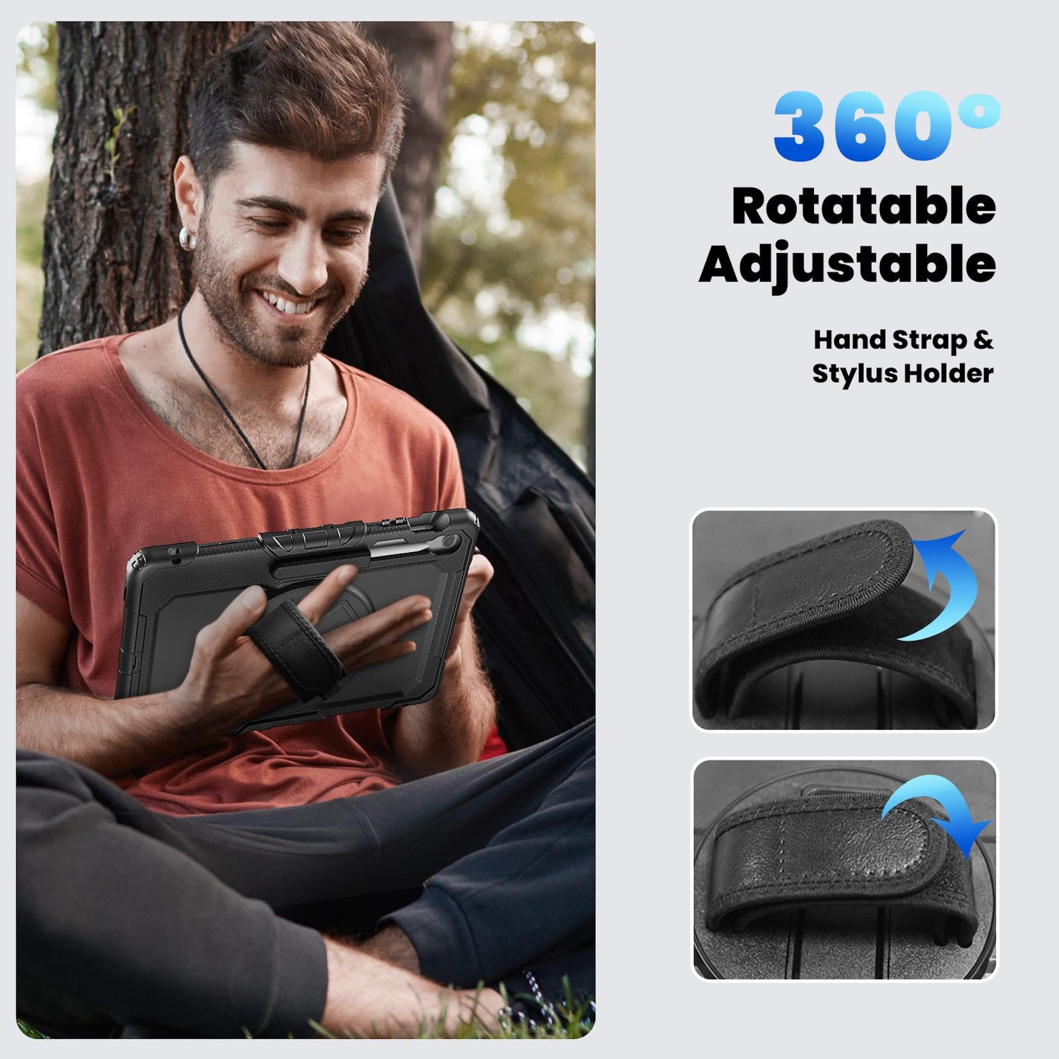 Mann hält Tablet mit Handschlaufe. Text: 360° drehbar einstellbar. Handschlaufe & Stifthalter.
