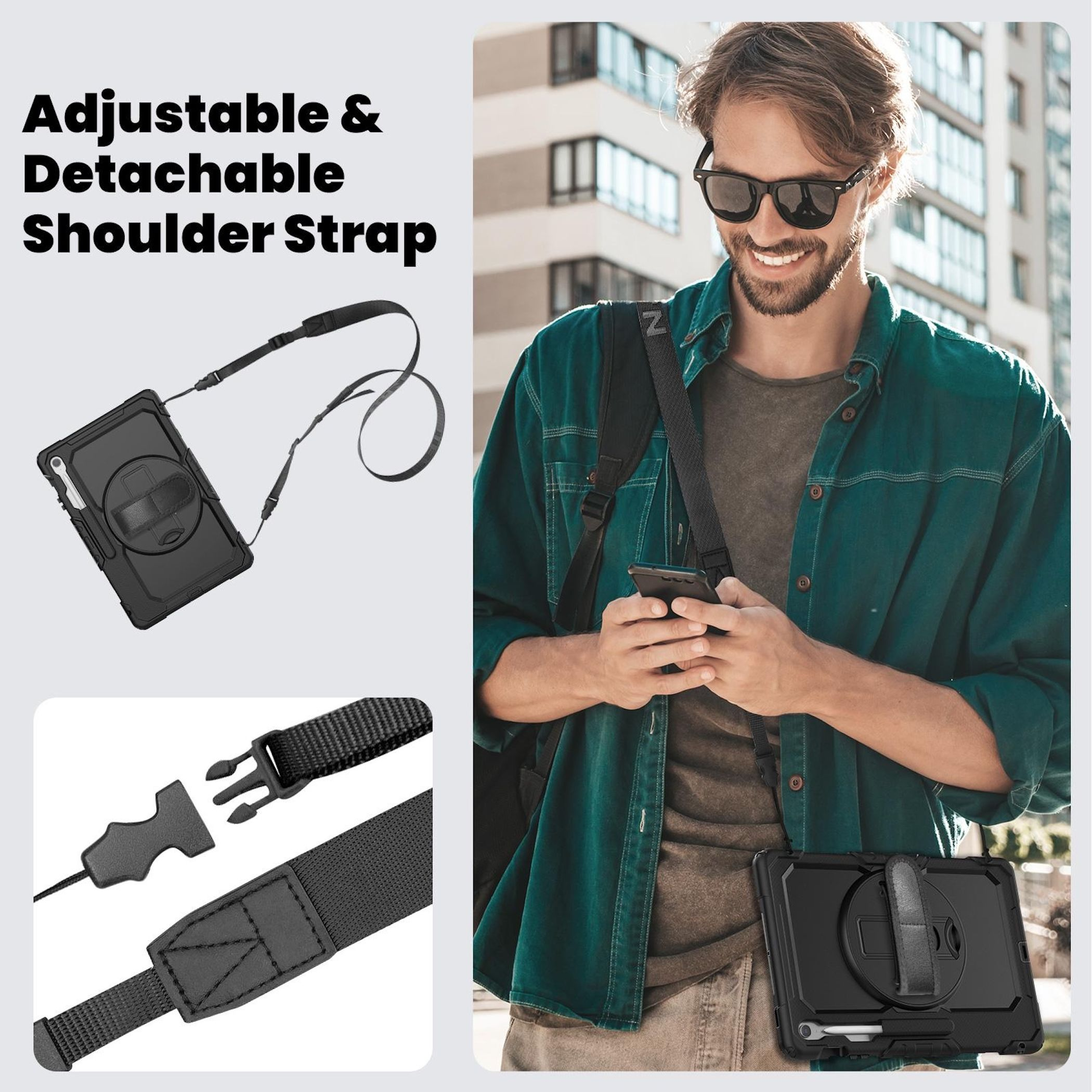 Ein Mann mit Sonnenbrille hält ein Telefon. Ein Tablet mit Schultergurt wird gezeigt. Text: Verstellbarer und abnehmbarer Schultergurt.