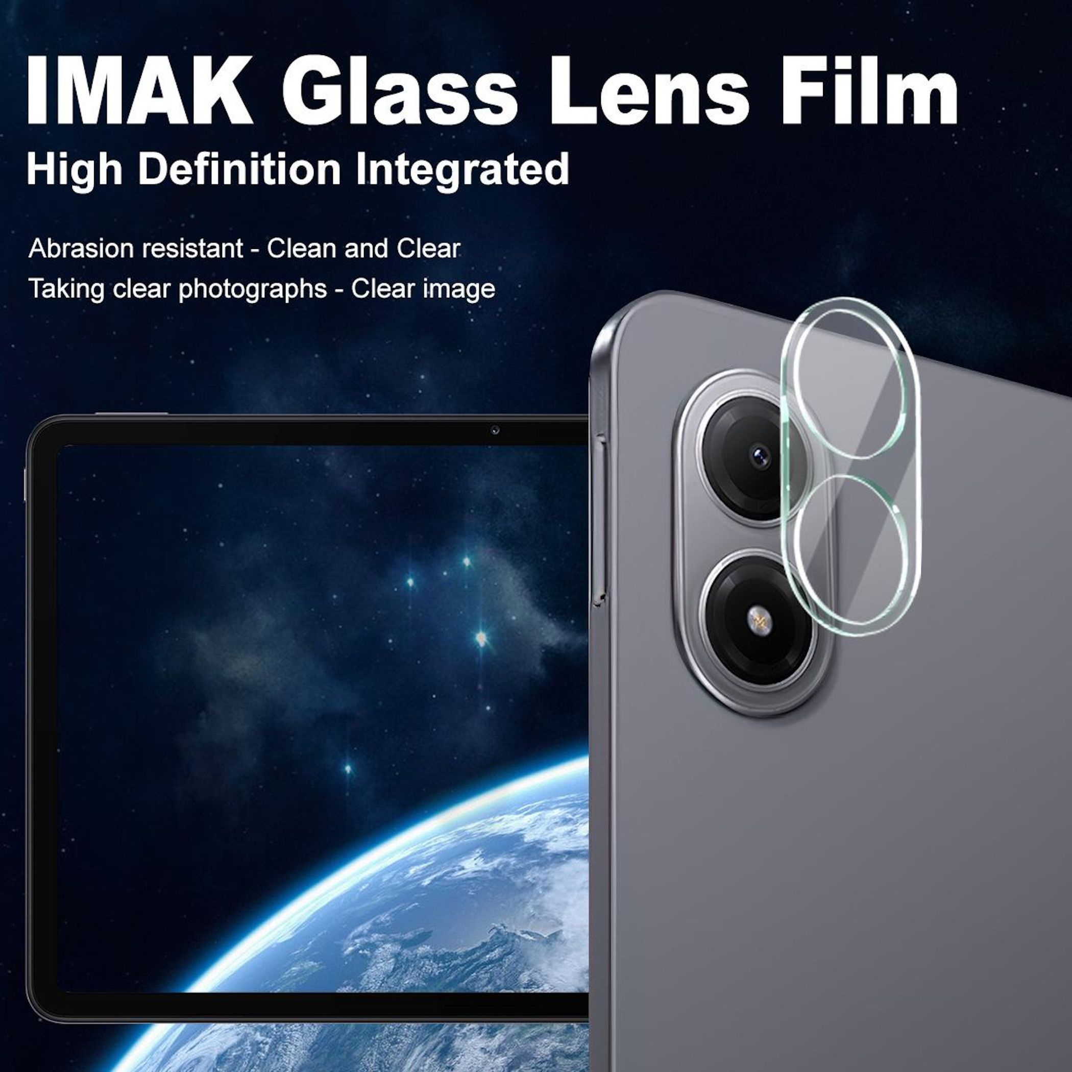 Un telefono con protezione per l'obiettivo. Lo sfondo mostra lo spazio e la Terra. Il testo recita 'IMAK Glass Lens Film'.