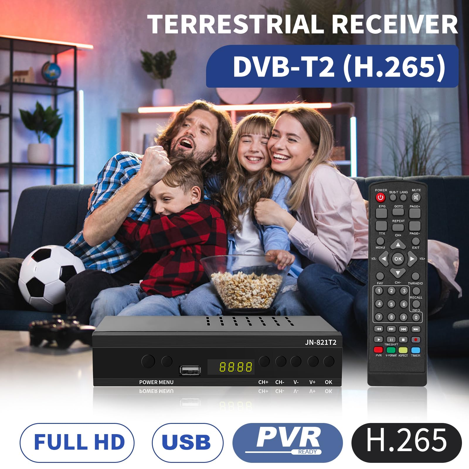 Familia viendo la tele. En primer plano, una caja receptora y un mando a distancia. Texto: 'FULL HD', 'USB', 'PVR READY', 'H.265'.