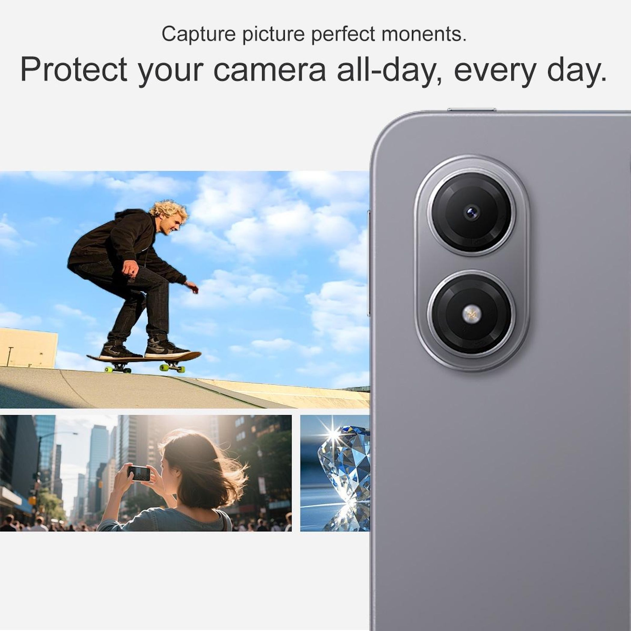 L'immagine mostra uno skater, una donna che scatta una foto e un diamante, con un dettaglio della fotocamera del telefono.