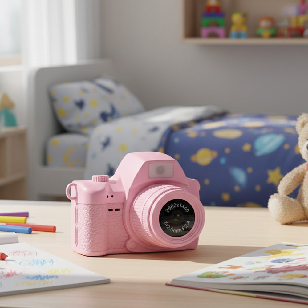 Pembe bir kamera, bir çocuk odasında ahşap bir masanın üzerinde duruyor. Arka planda yatak, oyuncaklar ve çizimler.