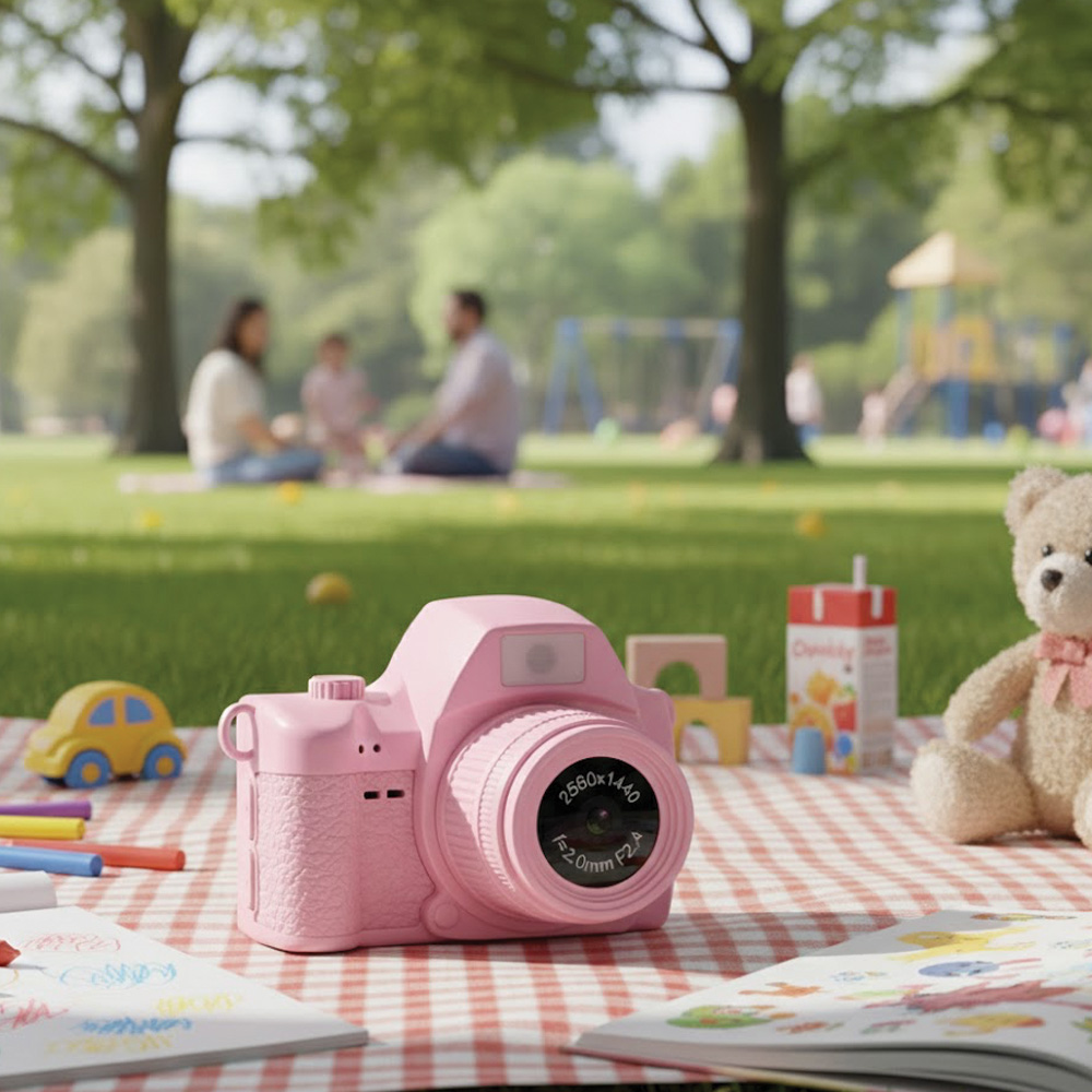 Pembe bir kamera, oyuncaklarla dolu bir piknik örtüsünün üzerinde duruyor. Arka planda bir aile, oyun parkının yakınında çimlerde oturuyor.