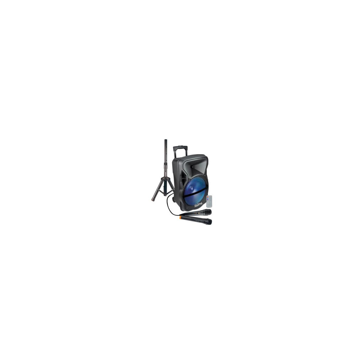 Un altoparlante nero con luce blu è a destra. Sono presenti anche due microfoni, un treppiede e un telecomando.