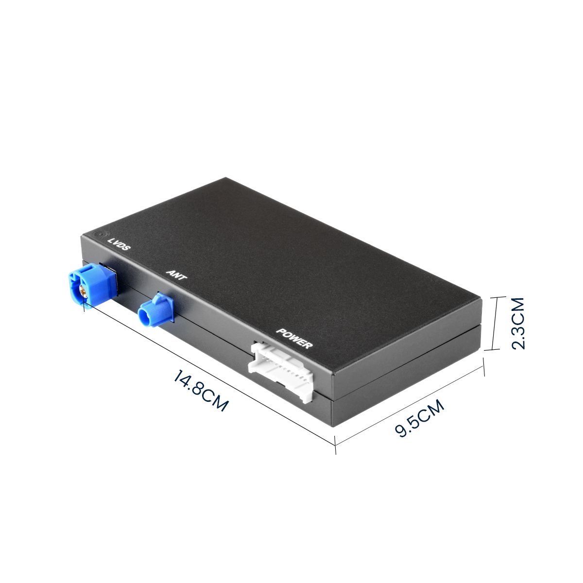 Dispositivo rettangolare nero con connettori blu e porta di alimentazione bianca. Dimensioni: 14,8 cm x 9,5 cm x 2,3 cm. Etichette: LVDS, ANT e POWER.