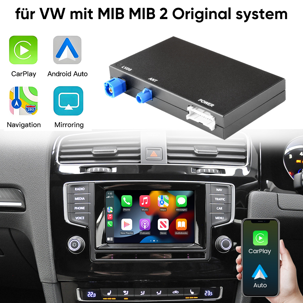 Autointerieur mit CarPlay-Oberfläche auf dem Bildschirm und Telefon. Zeigt Navigation, Spiegelung und Systembox. CarPlay- und Android Auto-Symbole.
