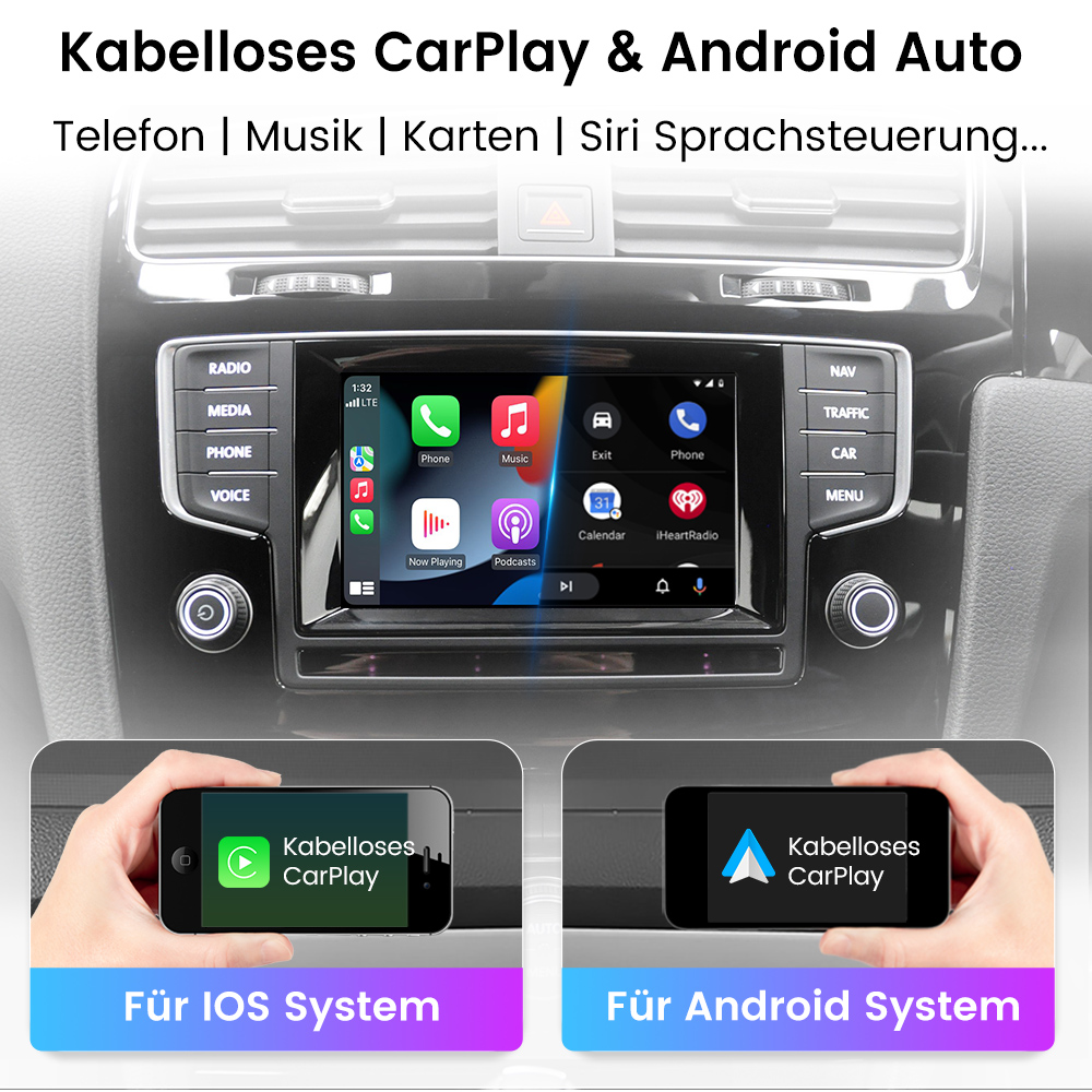 Armaturenbrett mit CarPlay/Android Auto. Darunter halten Hände Handys mit iOS- und Android-CarPlay-Logos.