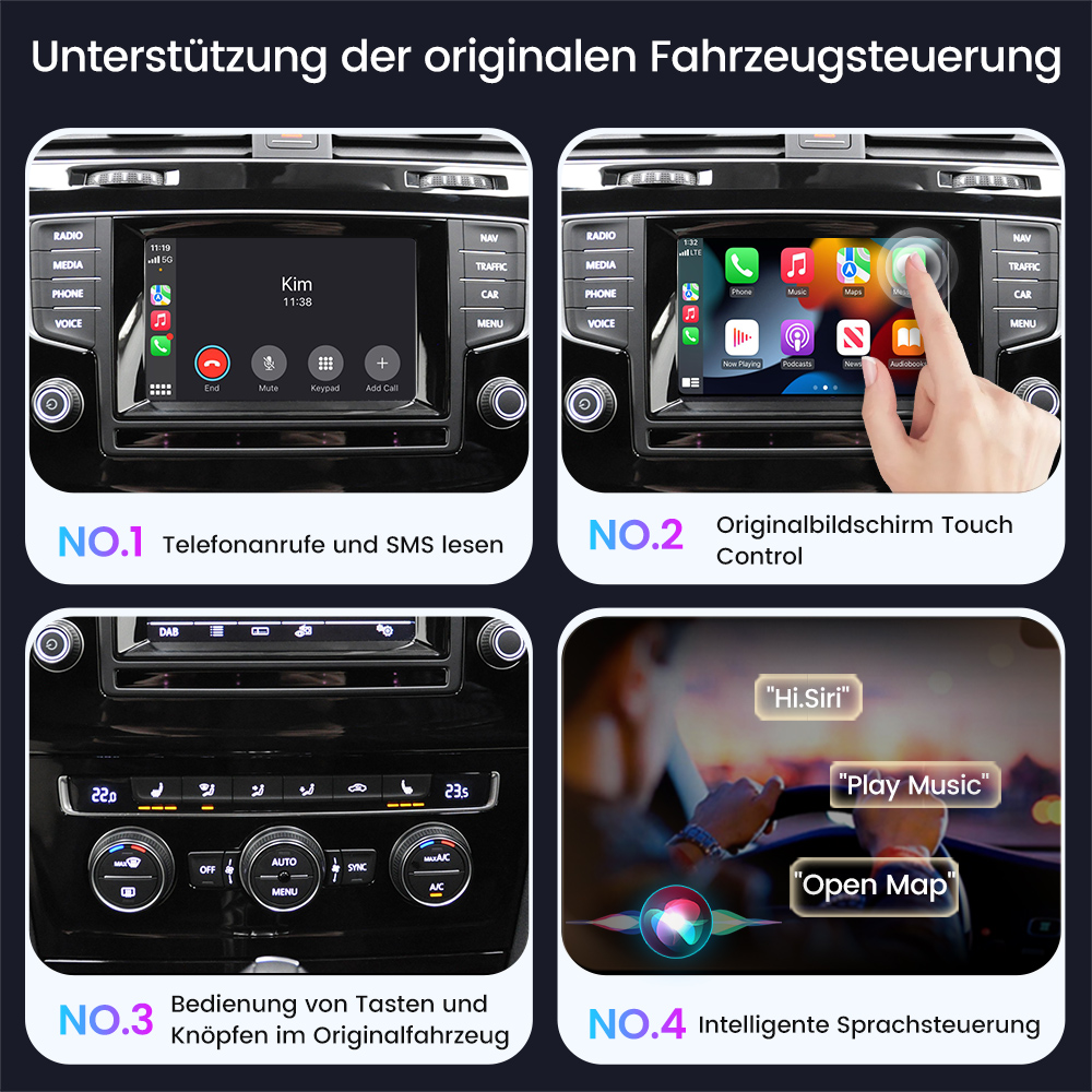 Auto-Infotainment-Bildschirm mit Telefonanruf, Touch-Steuerung, Tasten und Sprachsteuerungsfunktionen.
