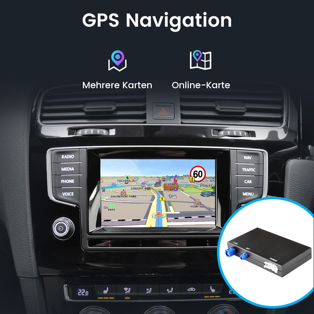 Autoinstrumententafel mit GPS-Navigation. Der Bildschirm zeigt eine Karte mit Straßen und Sehenswürdigkeiten. Ein Geschwindigkeitsbegrenzungsschild ist sichtbar.