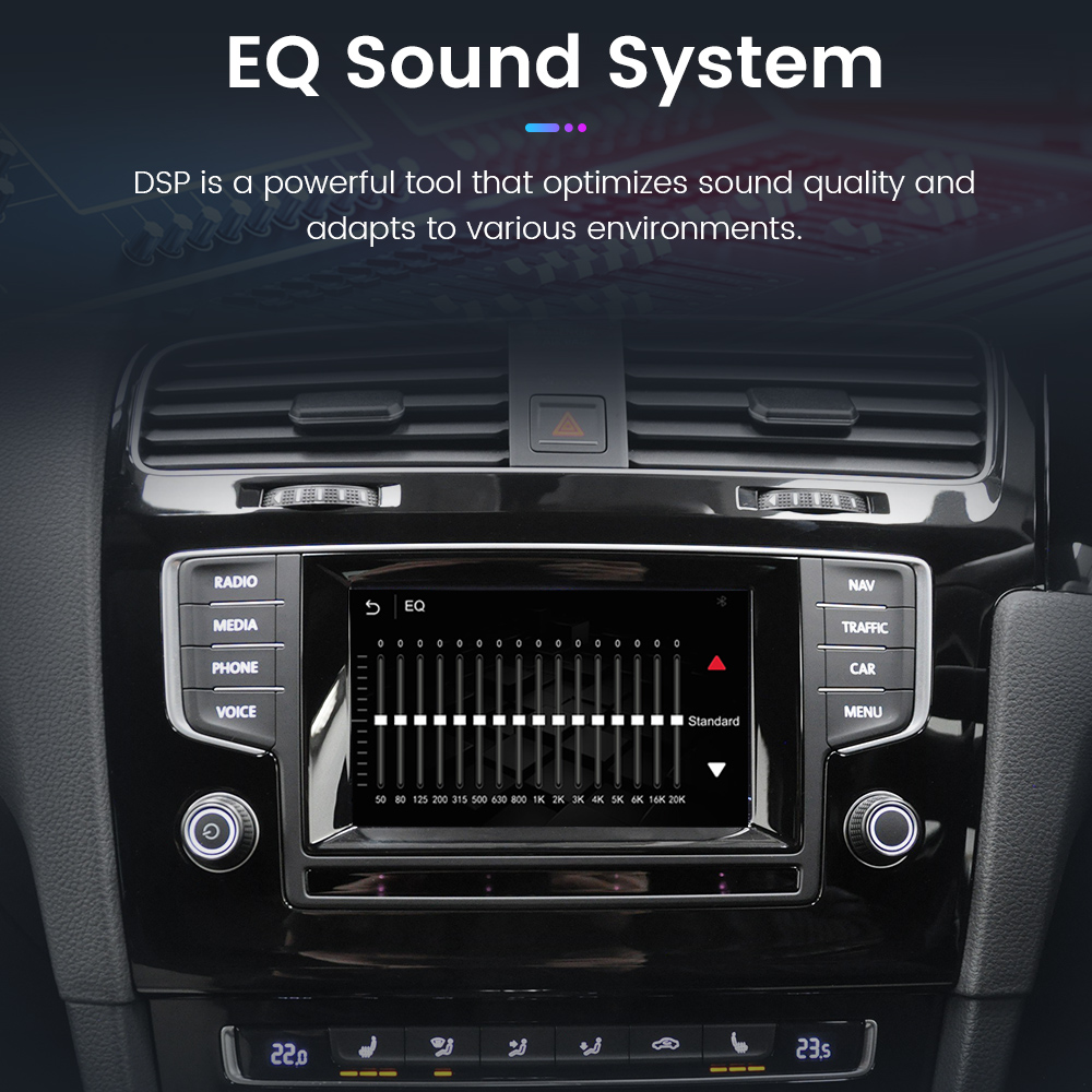 Auto-Audiosystem mit EQ-Einstellungen auf dem Bildschirm. Knöpfe, Tasten und Lüftungsschlitze sind sichtbar.