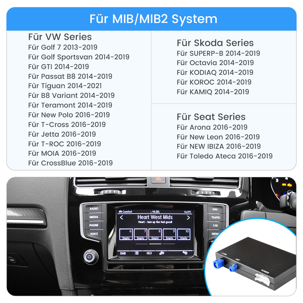 Das Bild zeigt das Armaturenbrett eines Autos mit einem Bildschirm, der Radioinformationen anzeigt. Eine schwarze Box mit blauen Anschlüssen ist ebenfalls sichtbar.