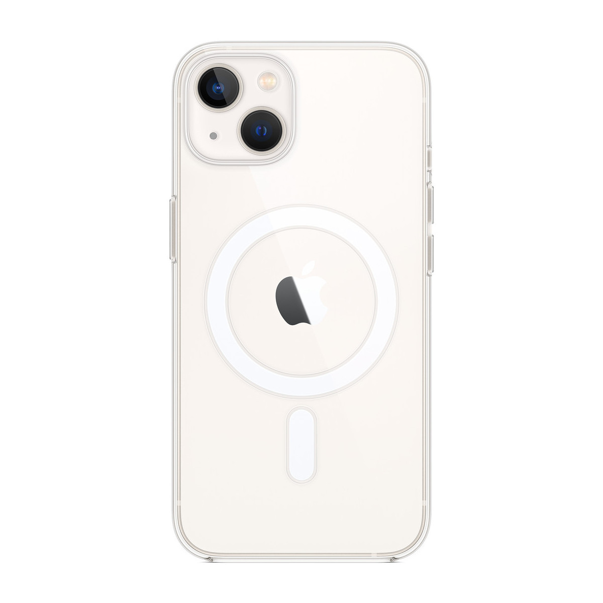 È mostrata una custodia trasparente per iPhone. La custodia ha un retro trasparente con logo Apple, modulo fotocamera e anello MagSafe.