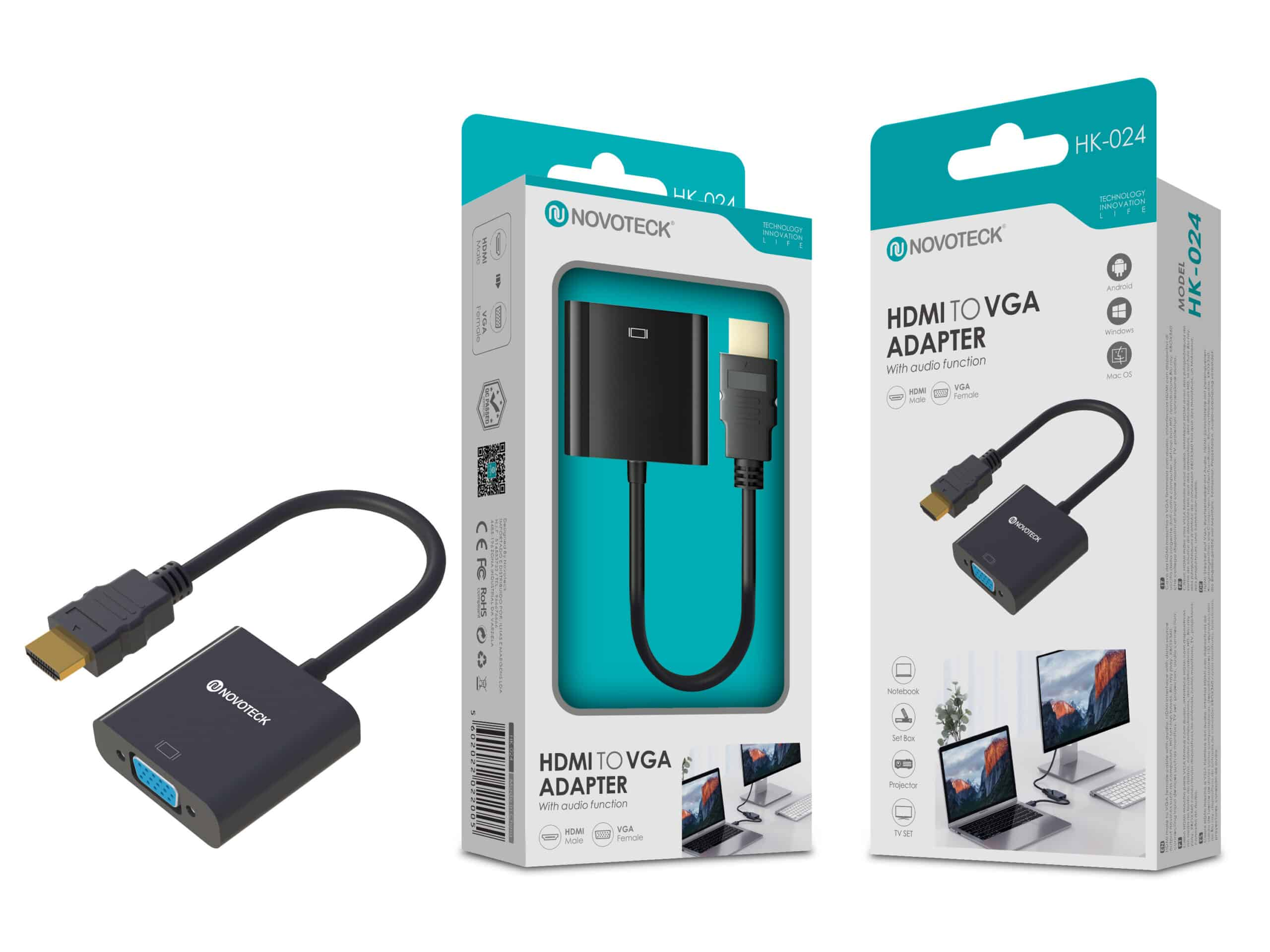 La imagen muestra un adaptador HDMI a VGA con su embalaje. El adaptador es negro, el embalaje es blanco y verde azulado.